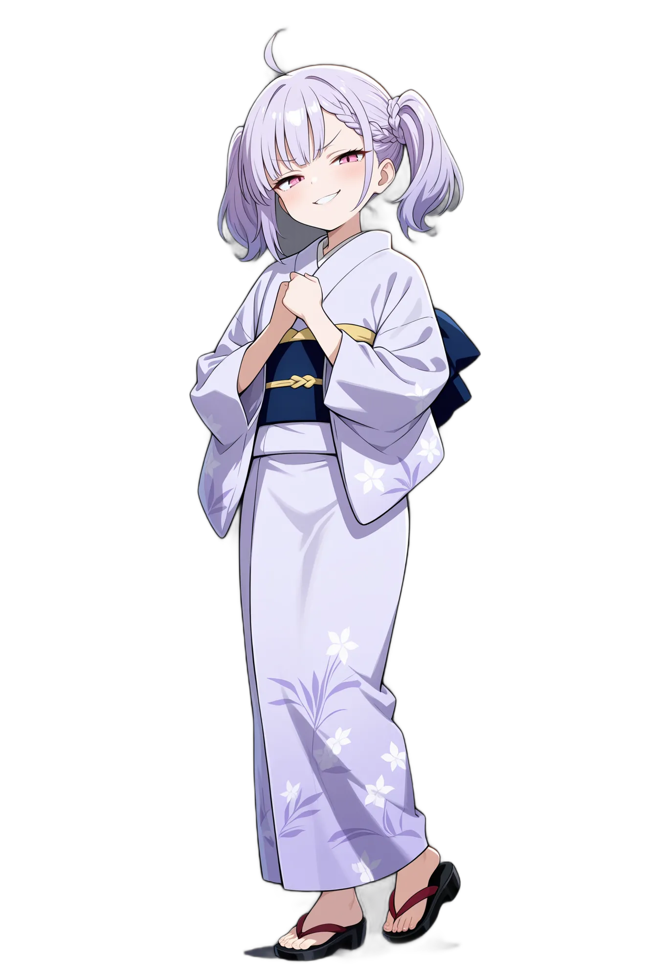 アニメイラスト-着物-アホ毛-スマッグフェイス-花柄-女性-AI人物素材
