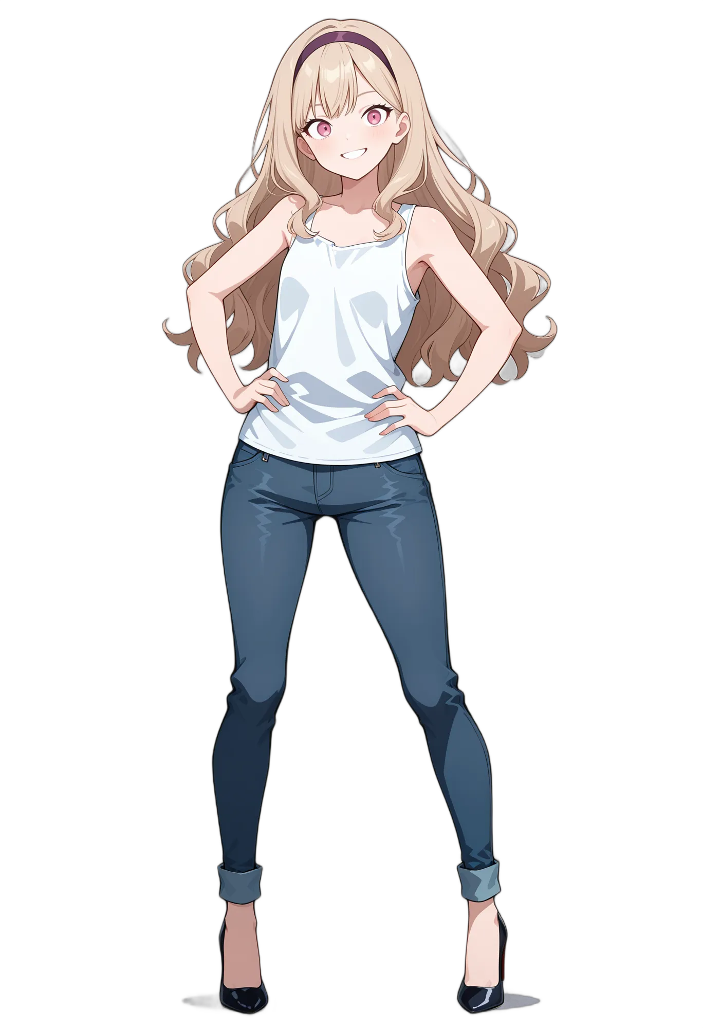 アニメイラスト-私服-肩出し-ロングヘア-黒靴-女性-AI人物素材