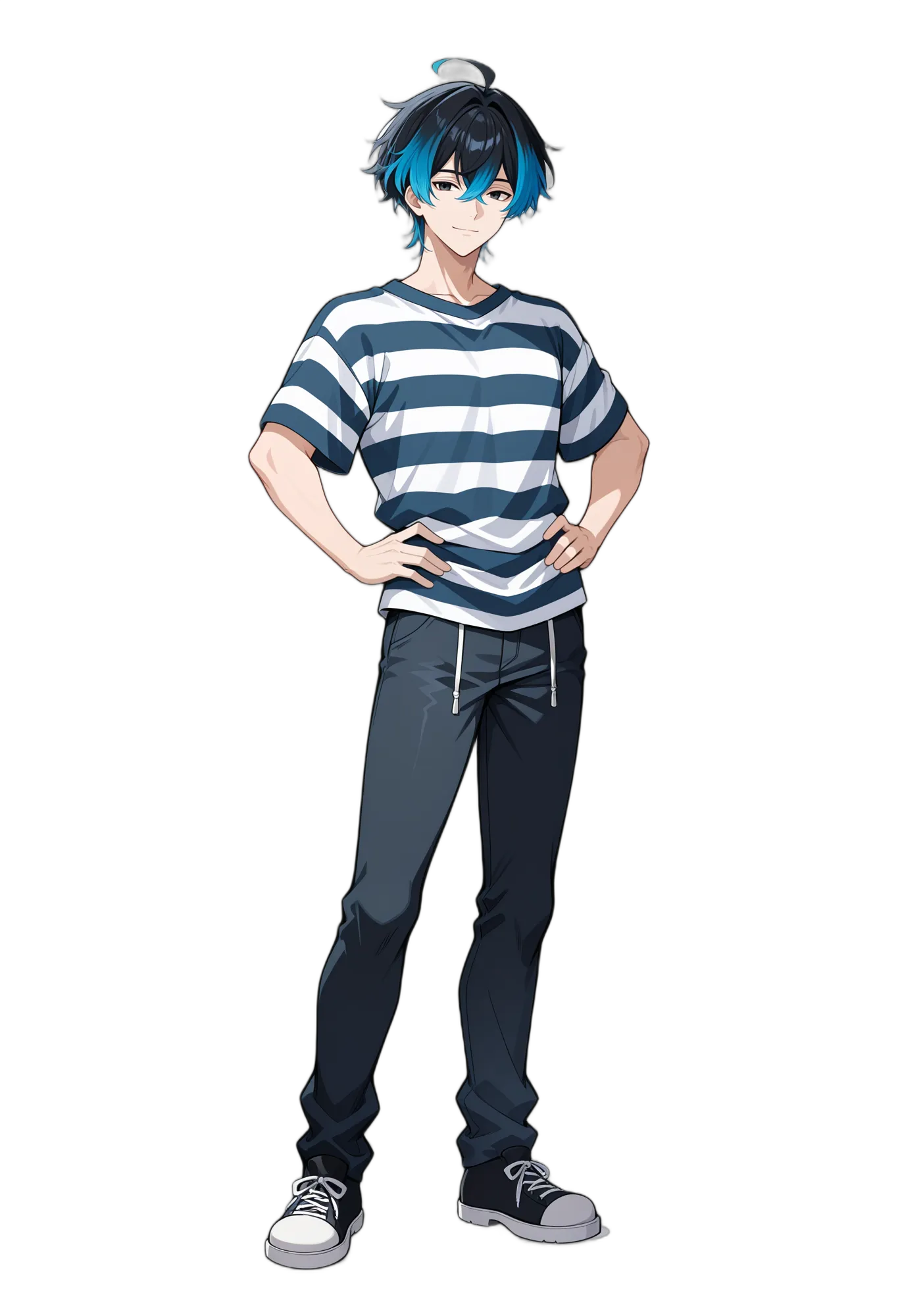 アニメイラスト-カジュアル-ブラックアイ-黒髪-黒いズボン-男性-AI人物素材