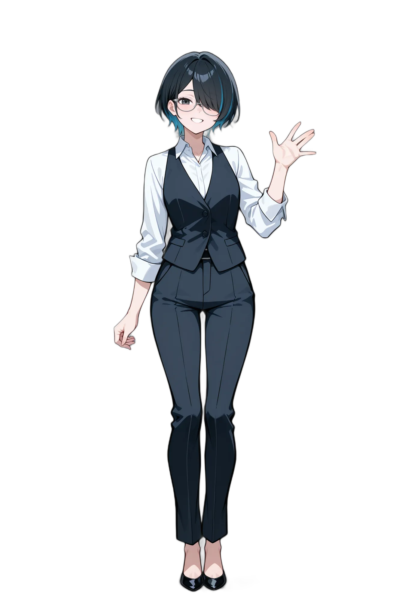 アニメイラスト-OL-ブラックアイ-黒髪-カッターシャツ-長袖-AI人物素材