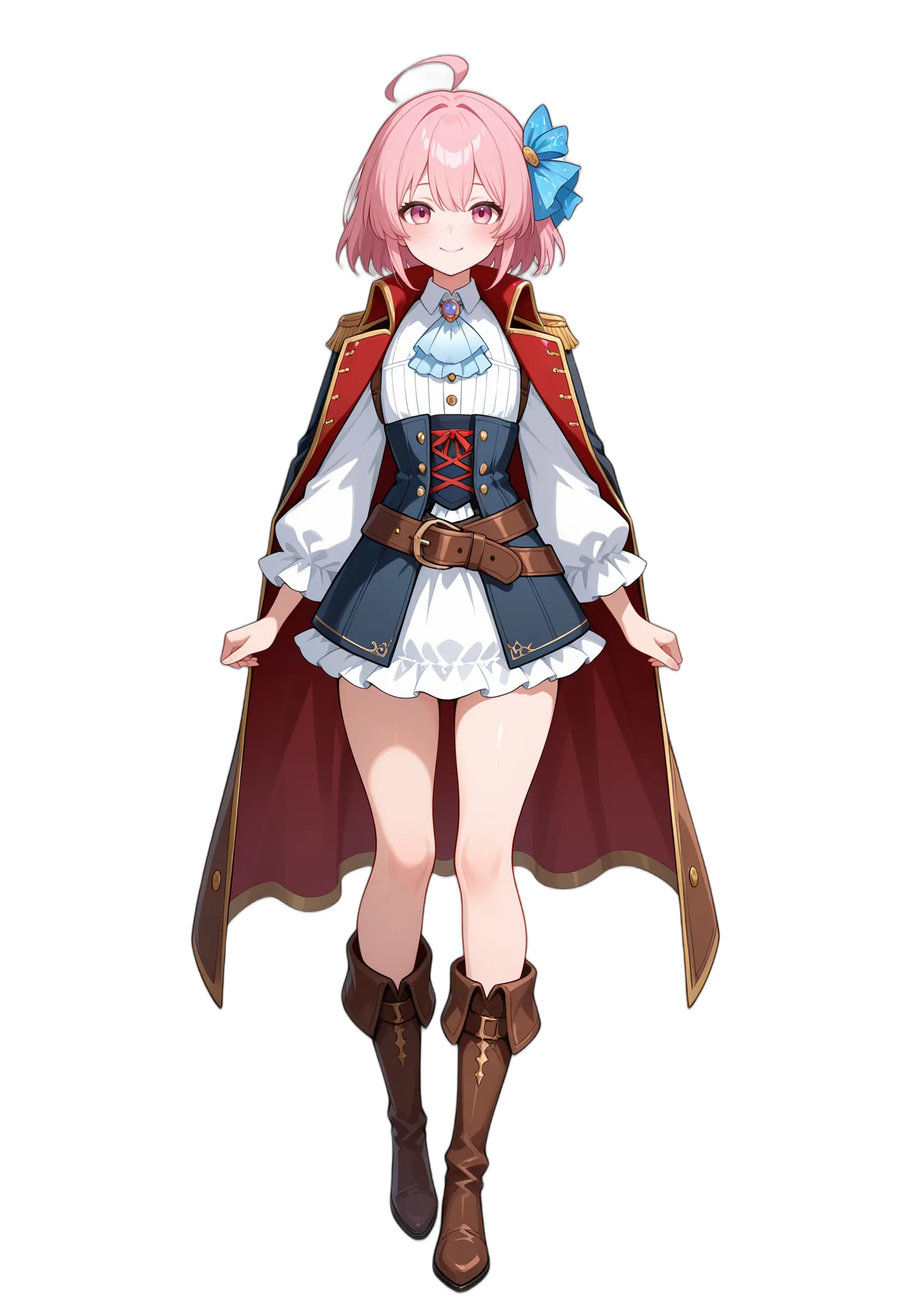 アニメイラスト-異世界-ブローチ-ピンクアイ-ベルト-女性-AI人物素材