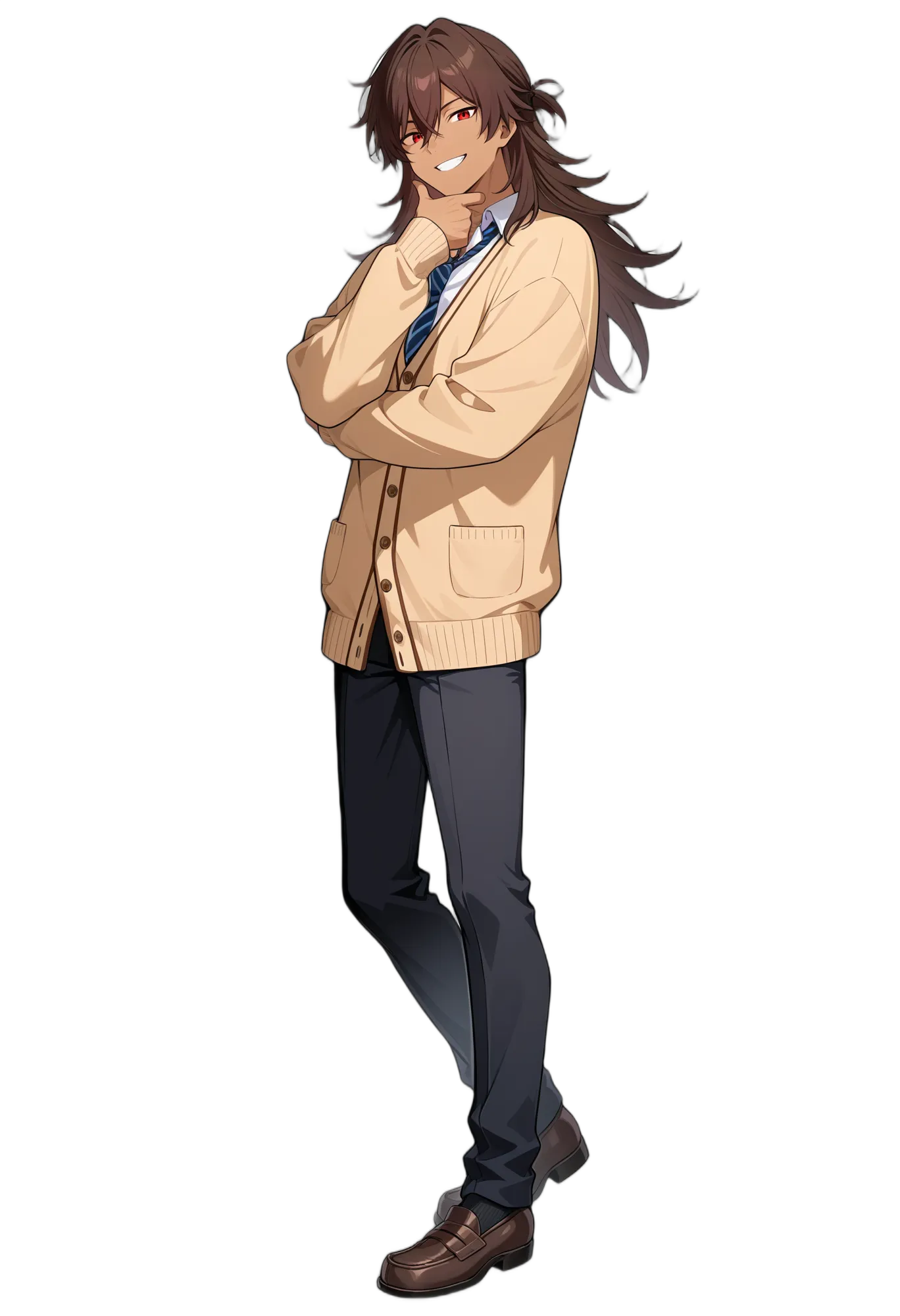 アニメイラスト-男子高校生-カーディガン-黒いズボン-長袖-ロングヘア-AI人物素材