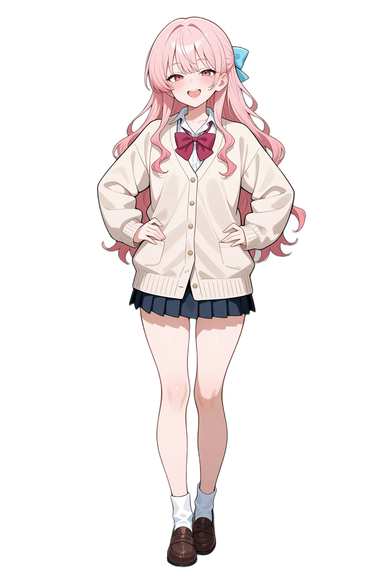 アニメイラスト-女子高校生-カーディガン-白シャツ-シャツ-ピンク髪-AI人物素材