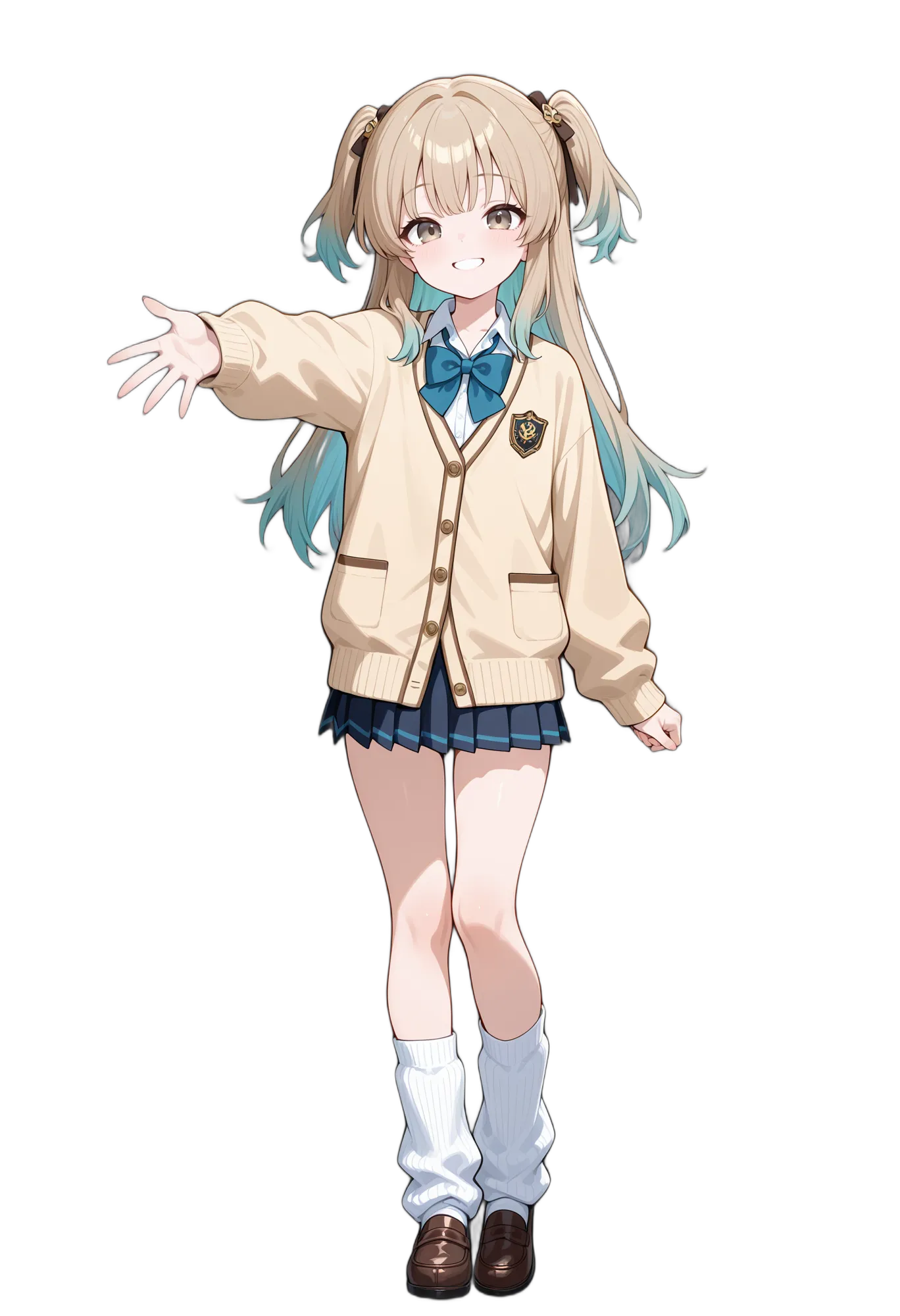 アニメイラスト-女子高校生-カーディガン-蝶ネクタイ-シャツ-笑顔-AI人物素材