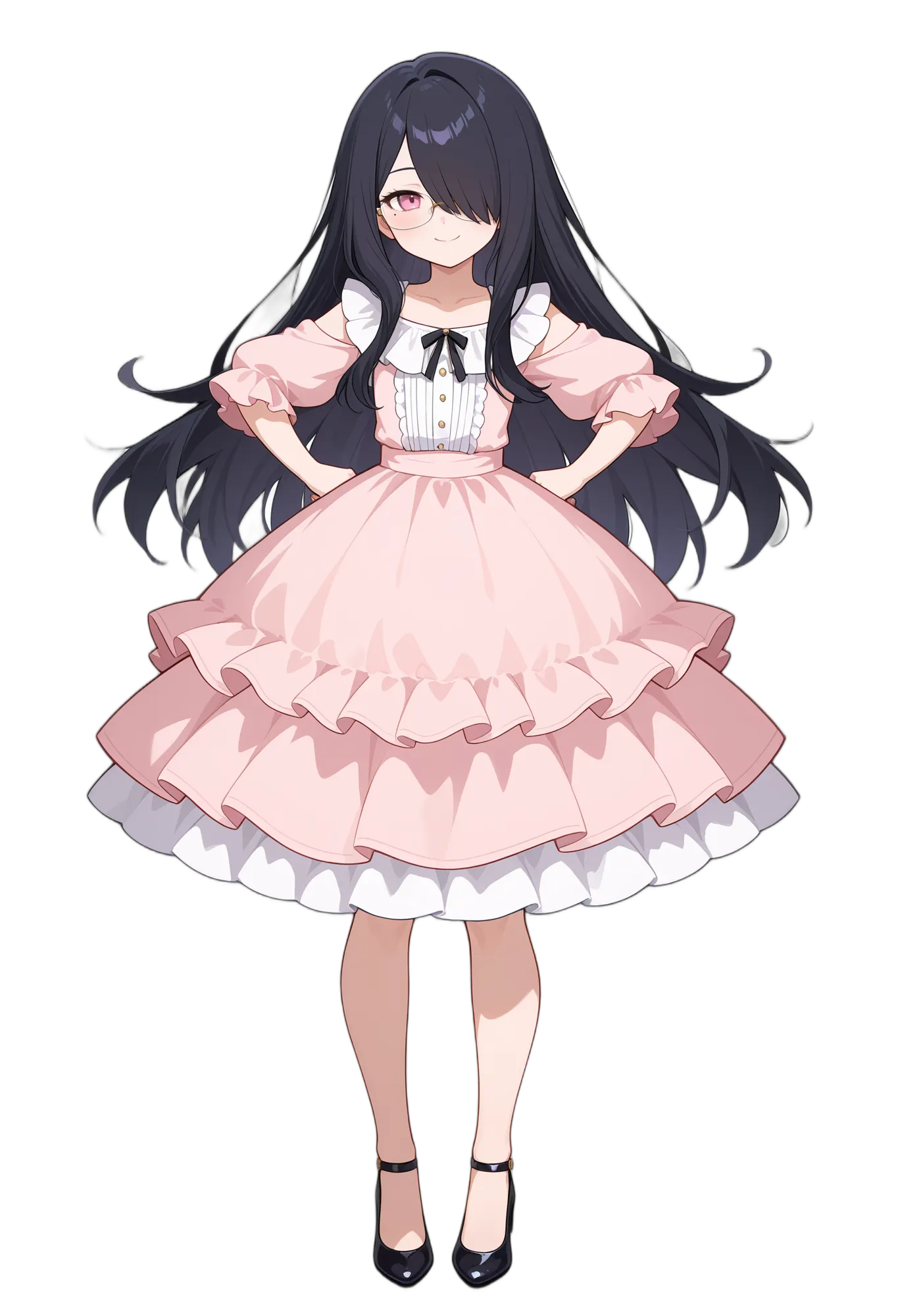 アニメイラスト-私服-ドレス-片目隠れ-黒靴-女性-AI人物素材