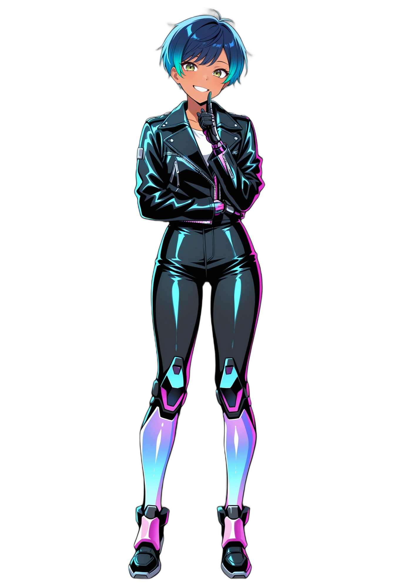 anime-greeneyes-earrings-leatherpants-woman