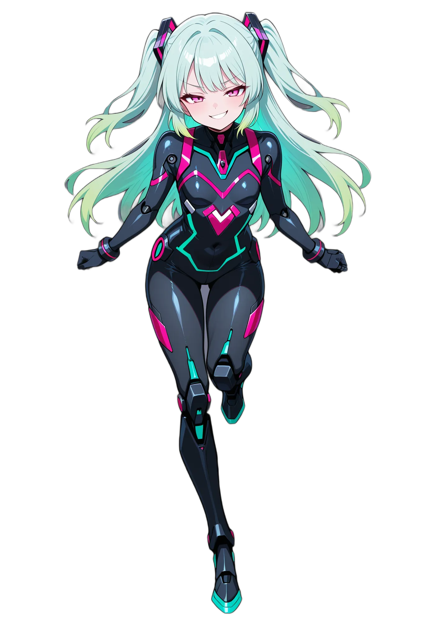アニメイラスト-未来-緑髪-ロングヘア-ツーサイドアップ-女性-AI人物素材