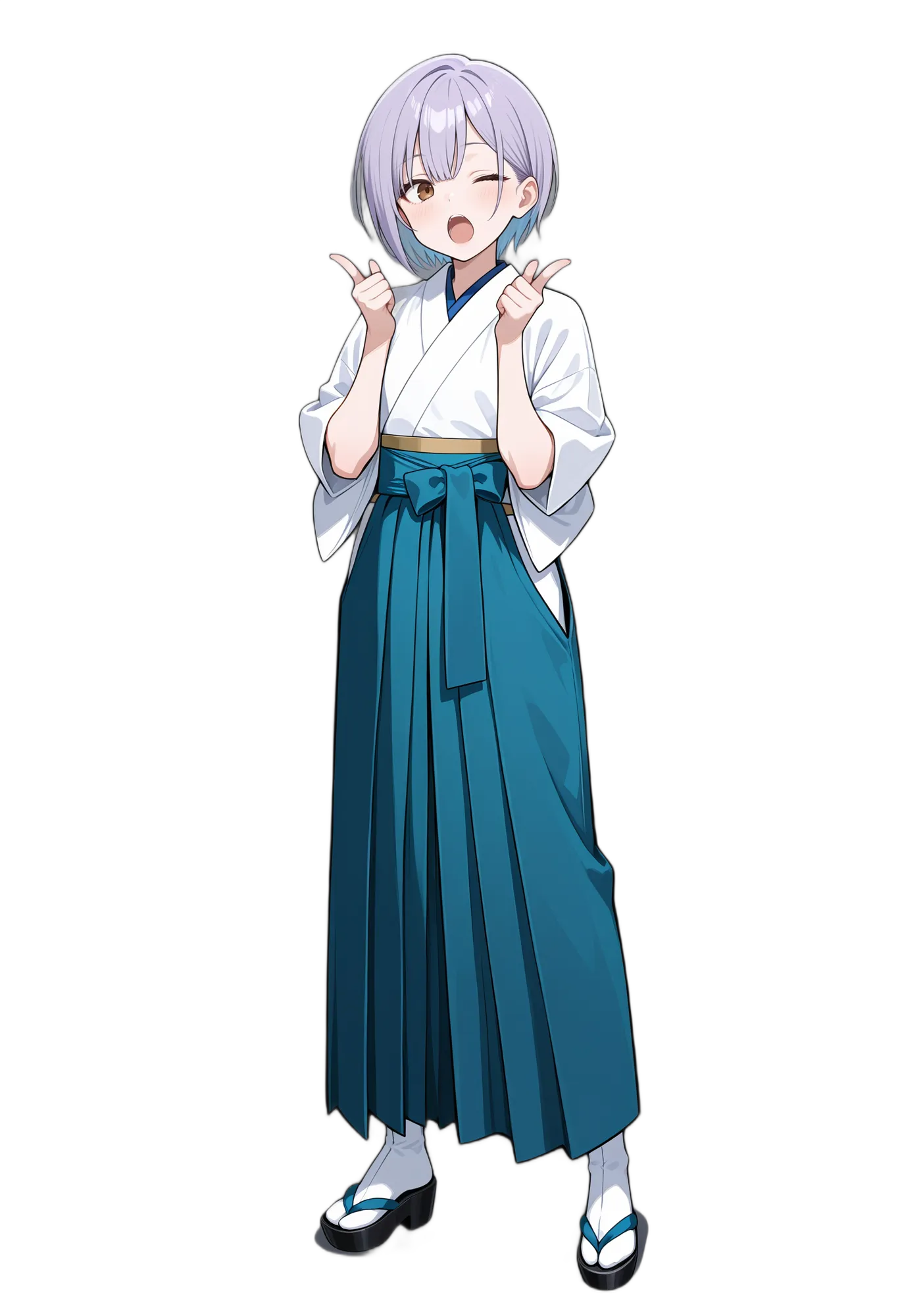 アニメイラスト-着物-袴-ショートヘア-黒靴-女性-AI人物素材
