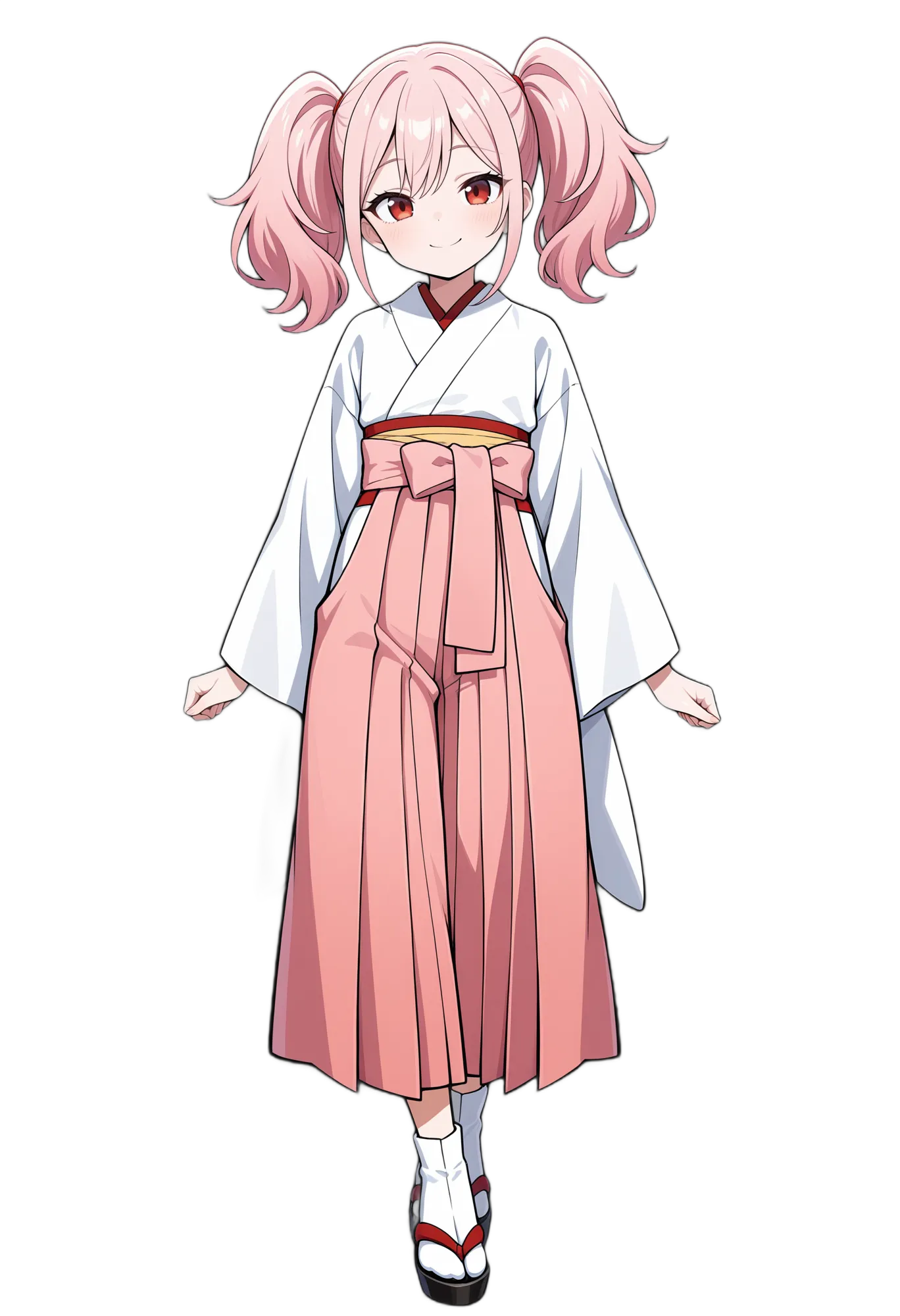 アニメイラスト-和風-袴-ピンク髪-靴下-女性-AI人物素材