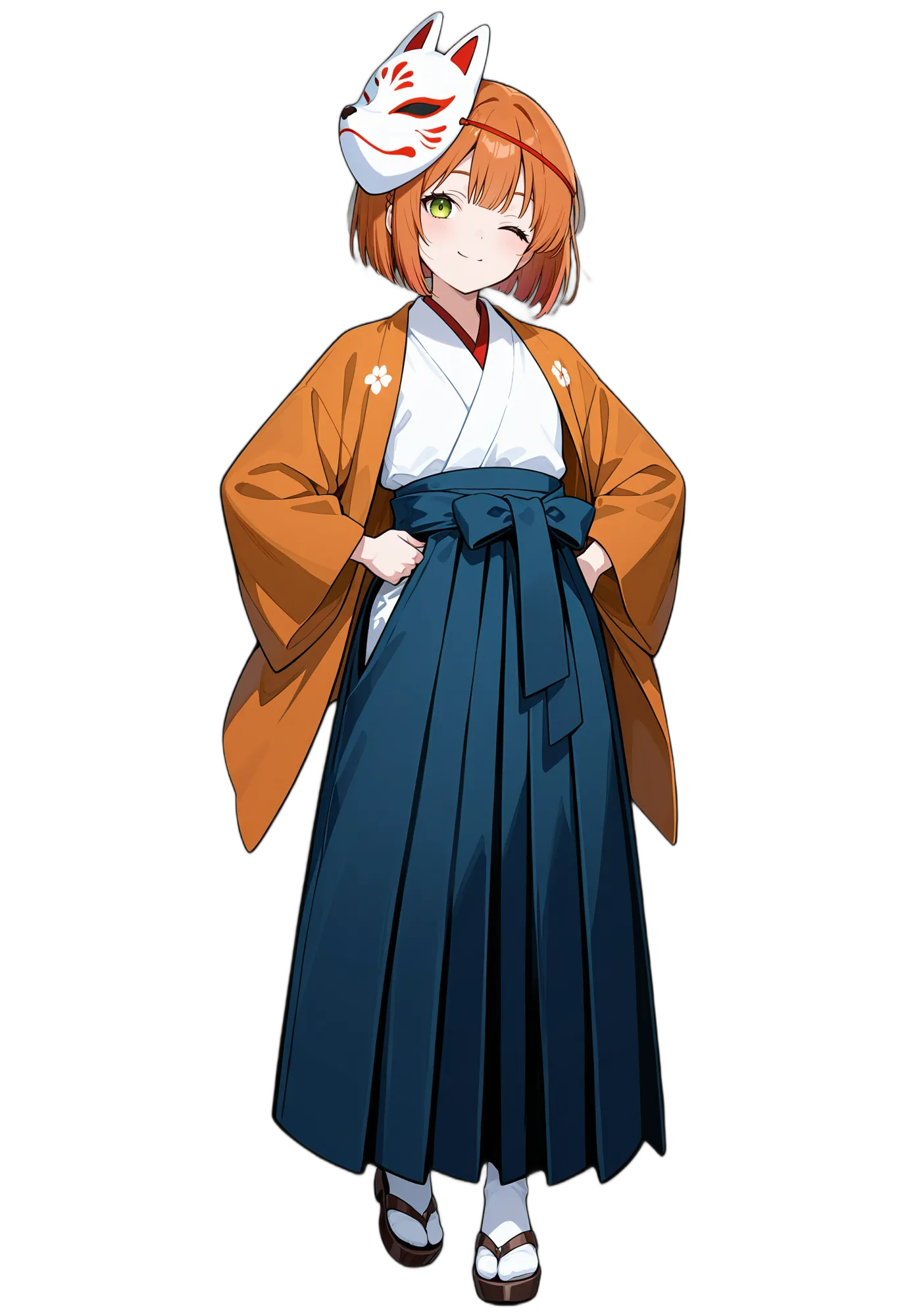 アニメイラスト-和風-袴-和服-ウィンク-女性-AI人物素材