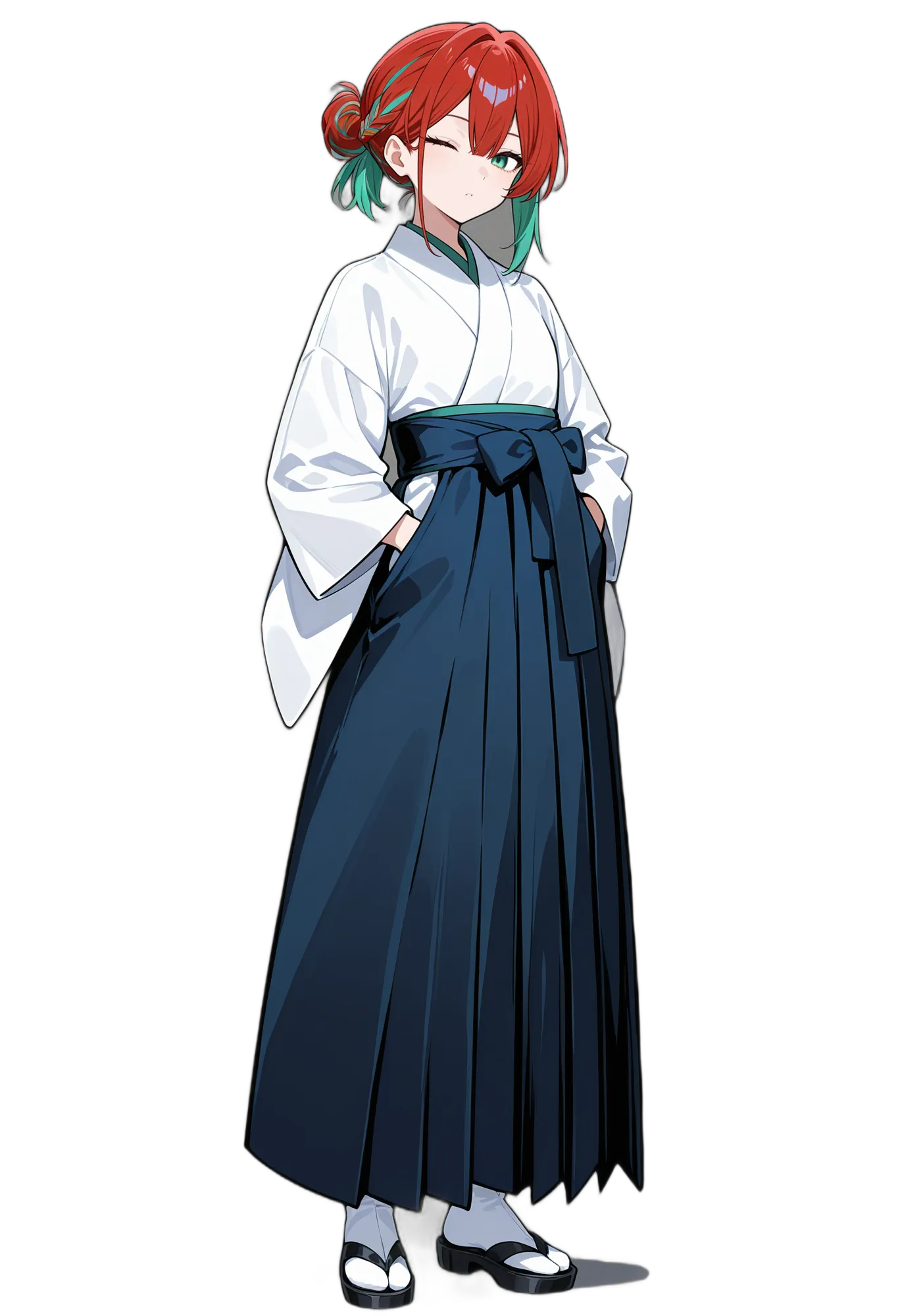 アニメイラスト-着物-袴-赤髪-スカート-女性-AI人物素材