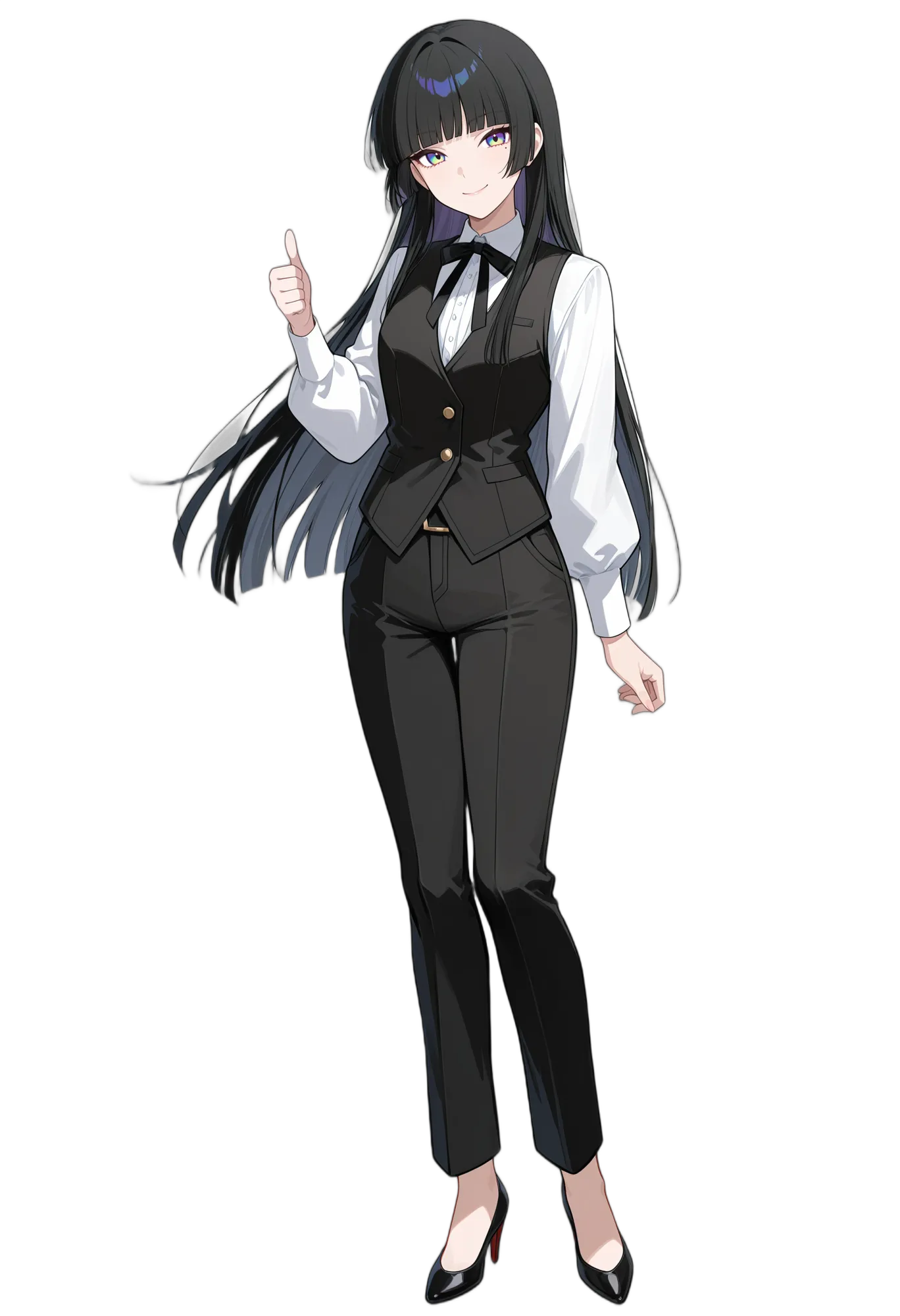 アニメイラスト-私服-ハイヒール-ぱっつん-ロングヘア-女性-AI人物素材