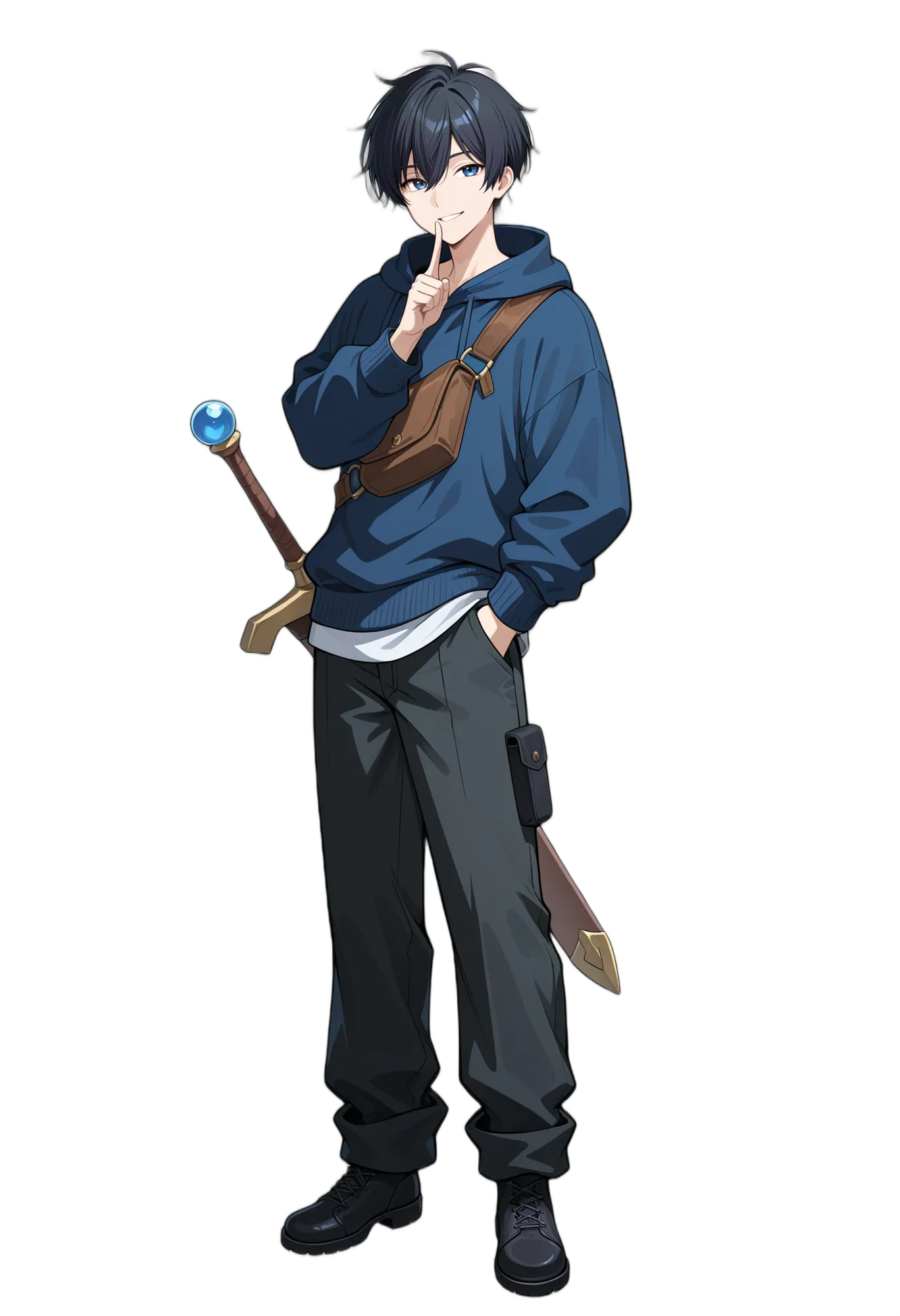 アニメイラスト-RPG-パーカー-黒靴-武器-男性-AI人物素材