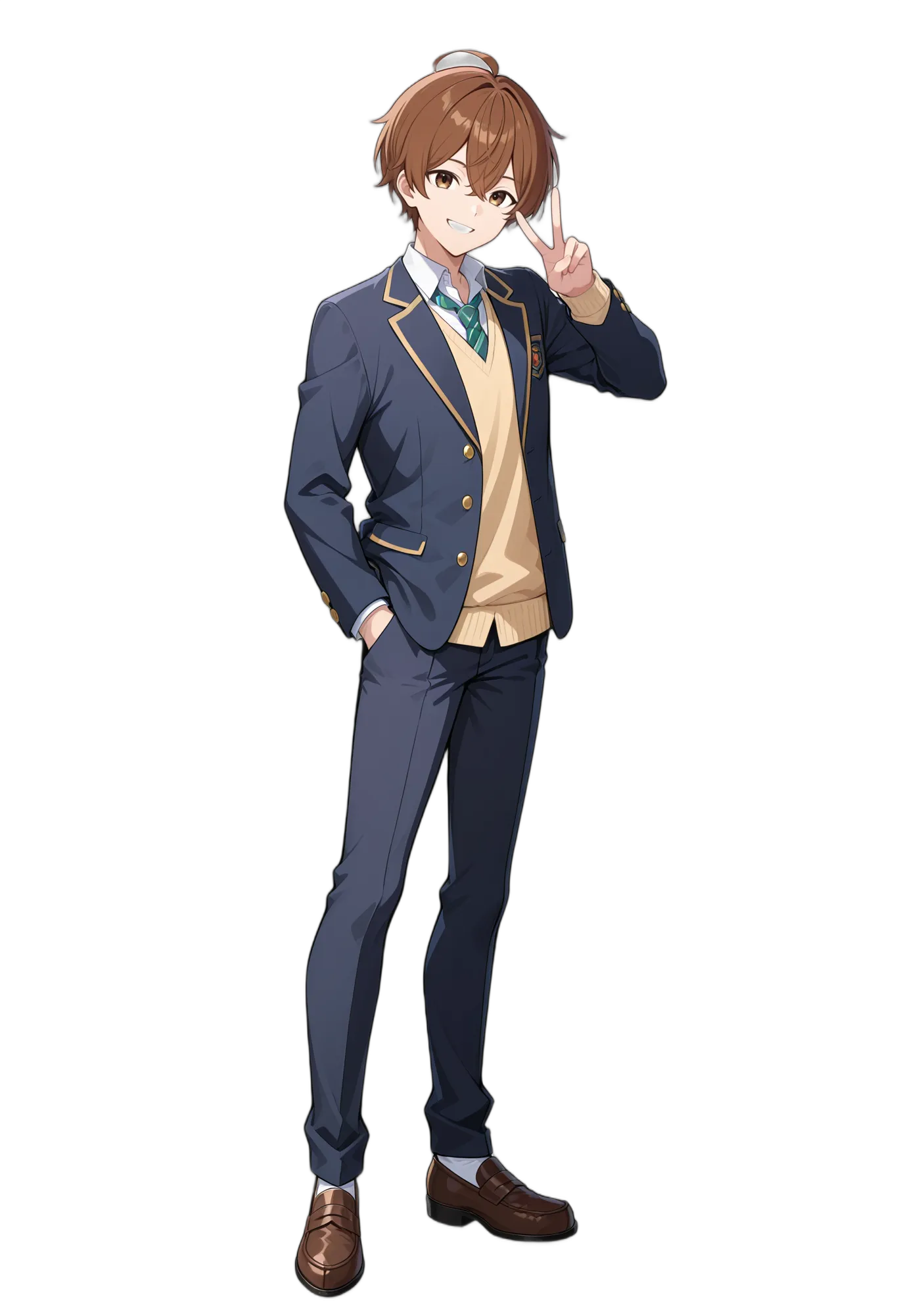 アニメイラスト-男子高校生-ジャケット-ローファー-茶髪-ネクタイ-AI人物素材