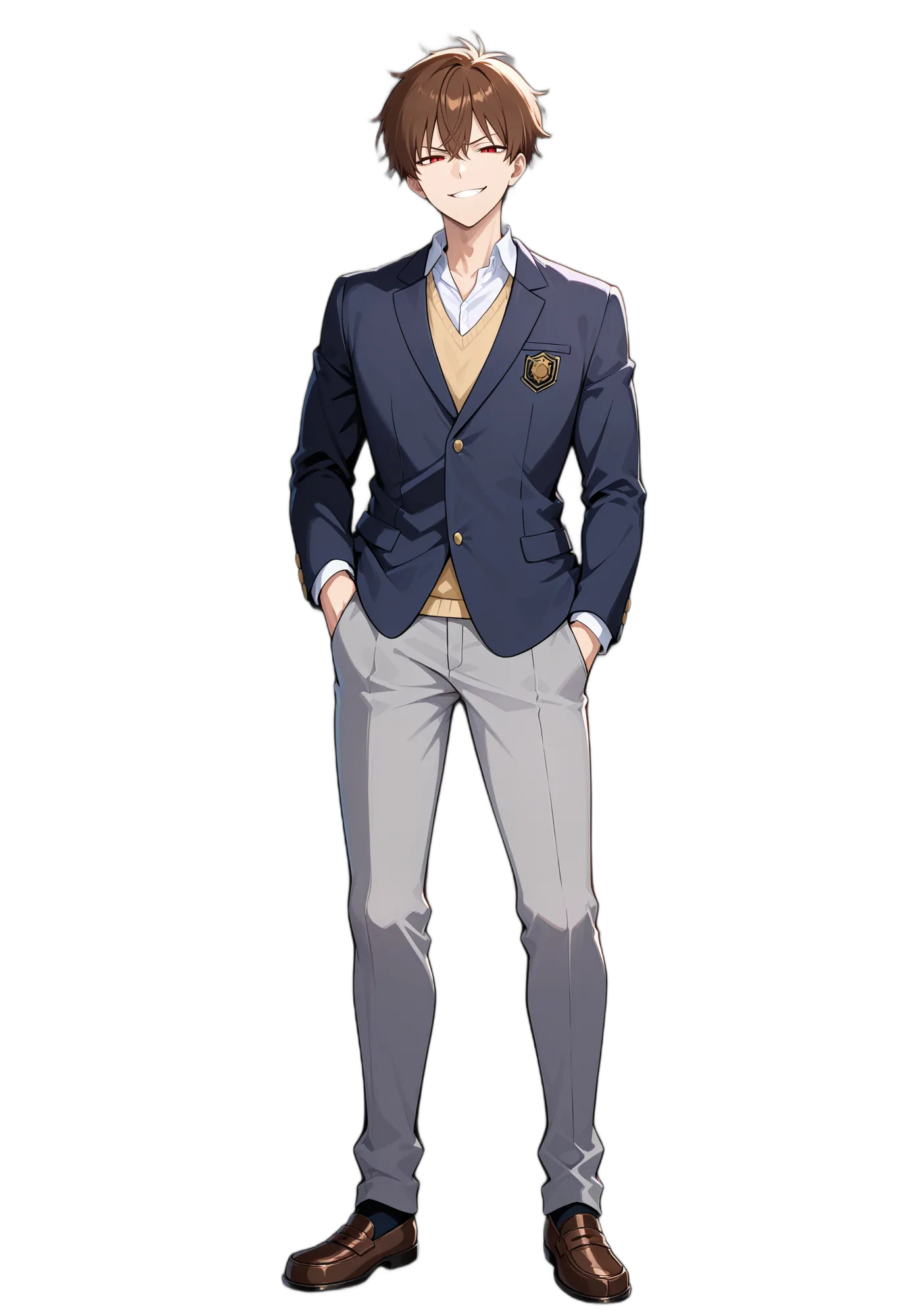 アニメイラスト-学生-ジャケット-ローファー-レッドアイ-男性-AI人物素材