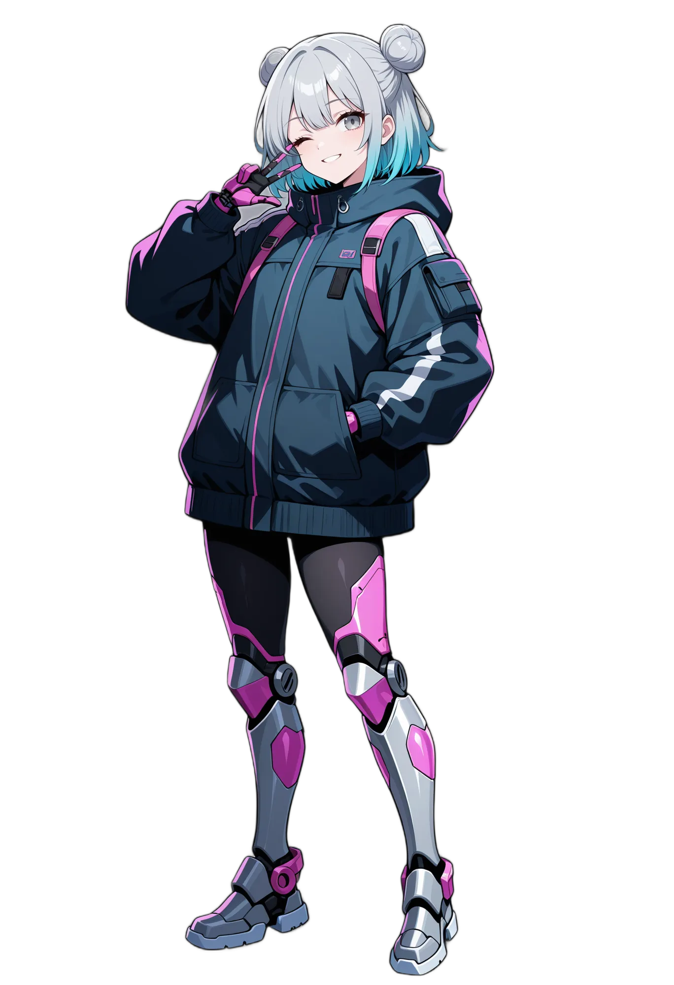 アニメイラスト-機械-ジャケット-マルチカラーヘア-手袋-女性-AI人物素材