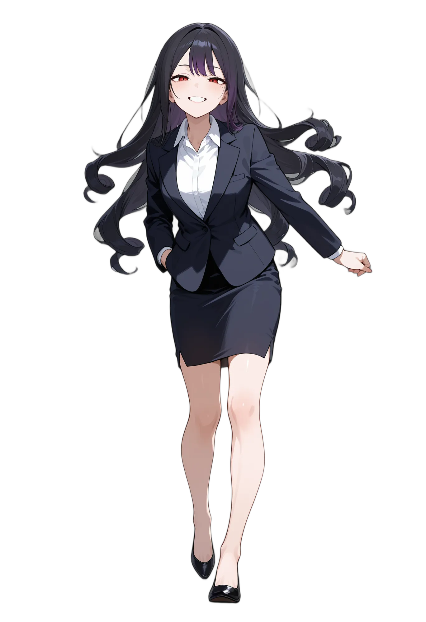 アニメイラスト-OL-ジャケット-スーツ-ハイヒール-黒髪-AI人物素材