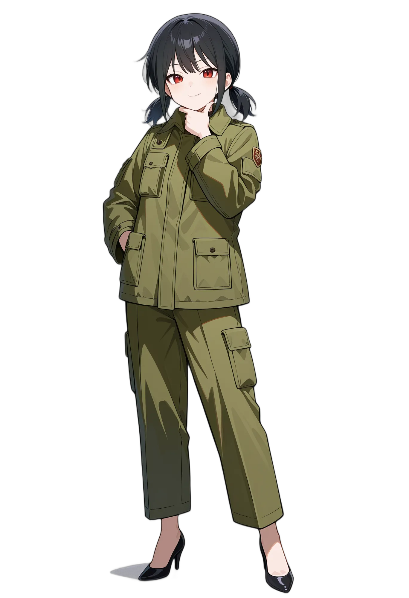 アニメイラスト-私服-ジャケット-ローツインテール-笑顔-女性-AI人物素材