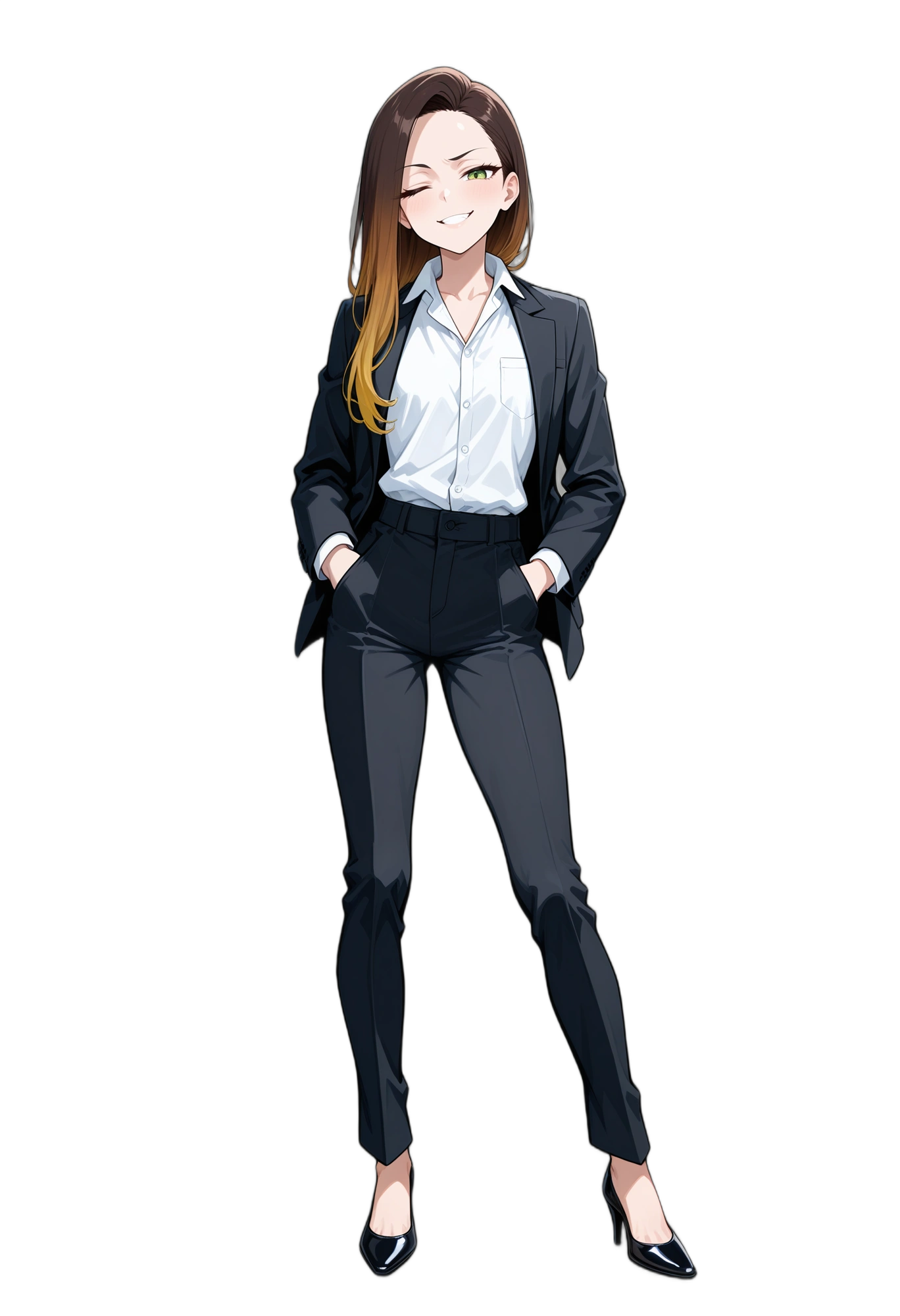 anime-multicoloredhair-openclothes-blackfootwear-woman