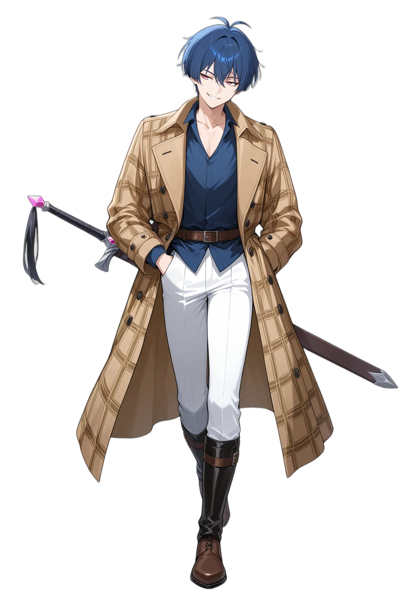 アニメイラスト-RPG-オープンコート-前開き-ピンクアイ-男性-AI人物素材