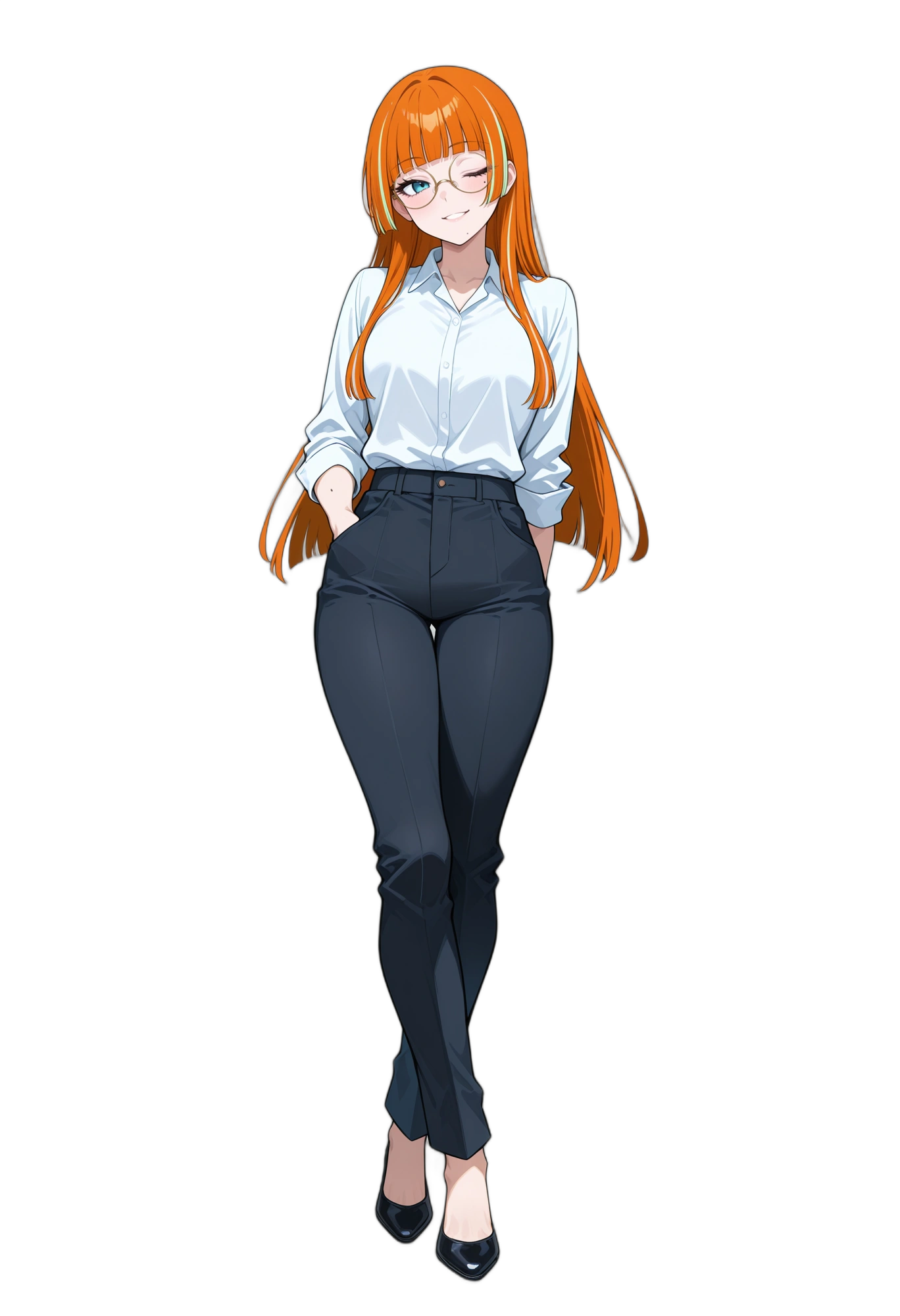 anime-orangehair-shirttuckedin-handinpocket-woman