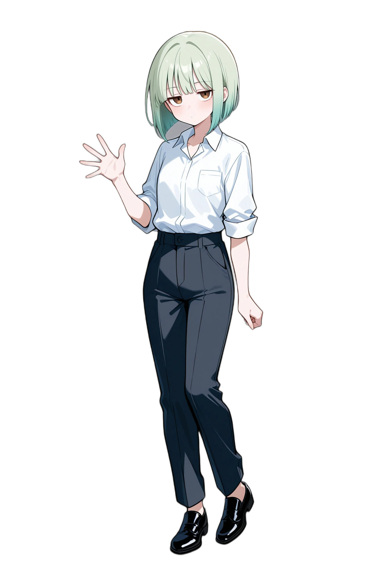anime-pants-browneyes-greenhair-woman