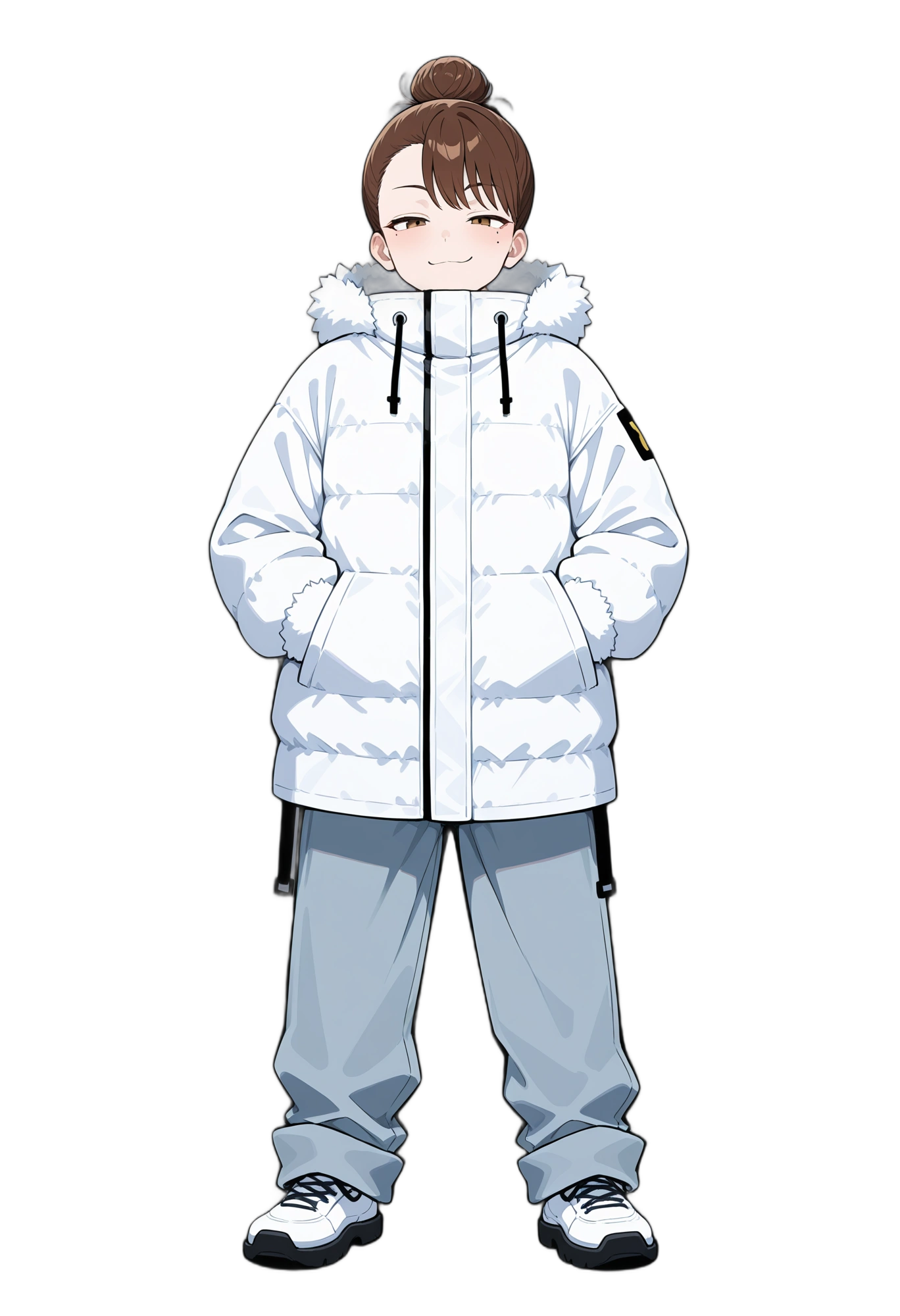 anime-pants-shorthair-hairbun-woman