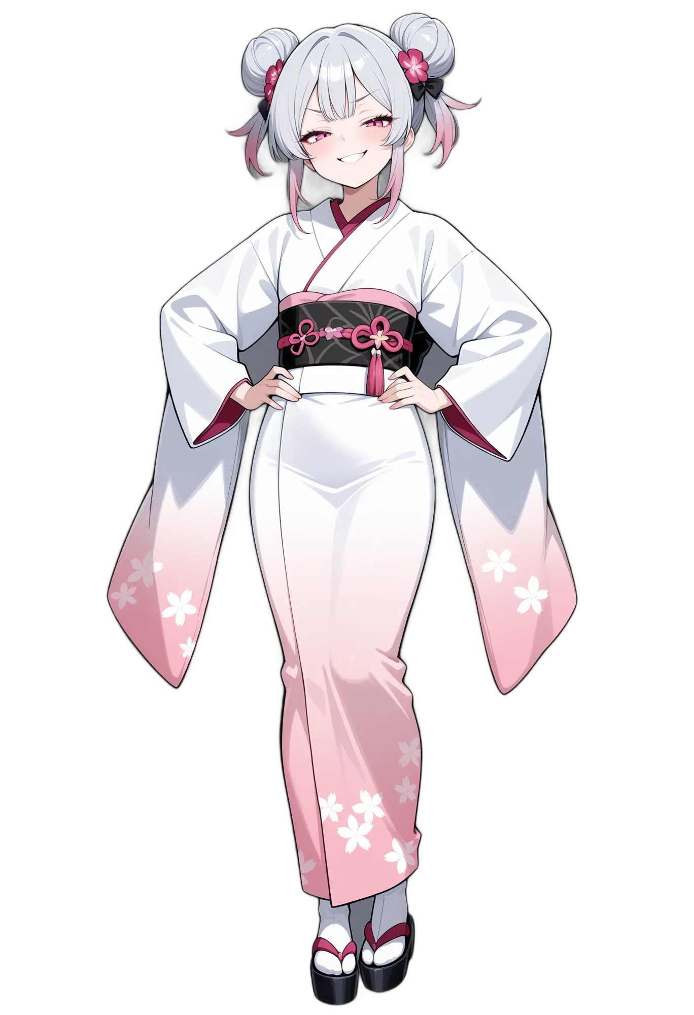 アニメイラスト-着物-ピンクアイ-髪飾り-長袖-女性-AI人物素材