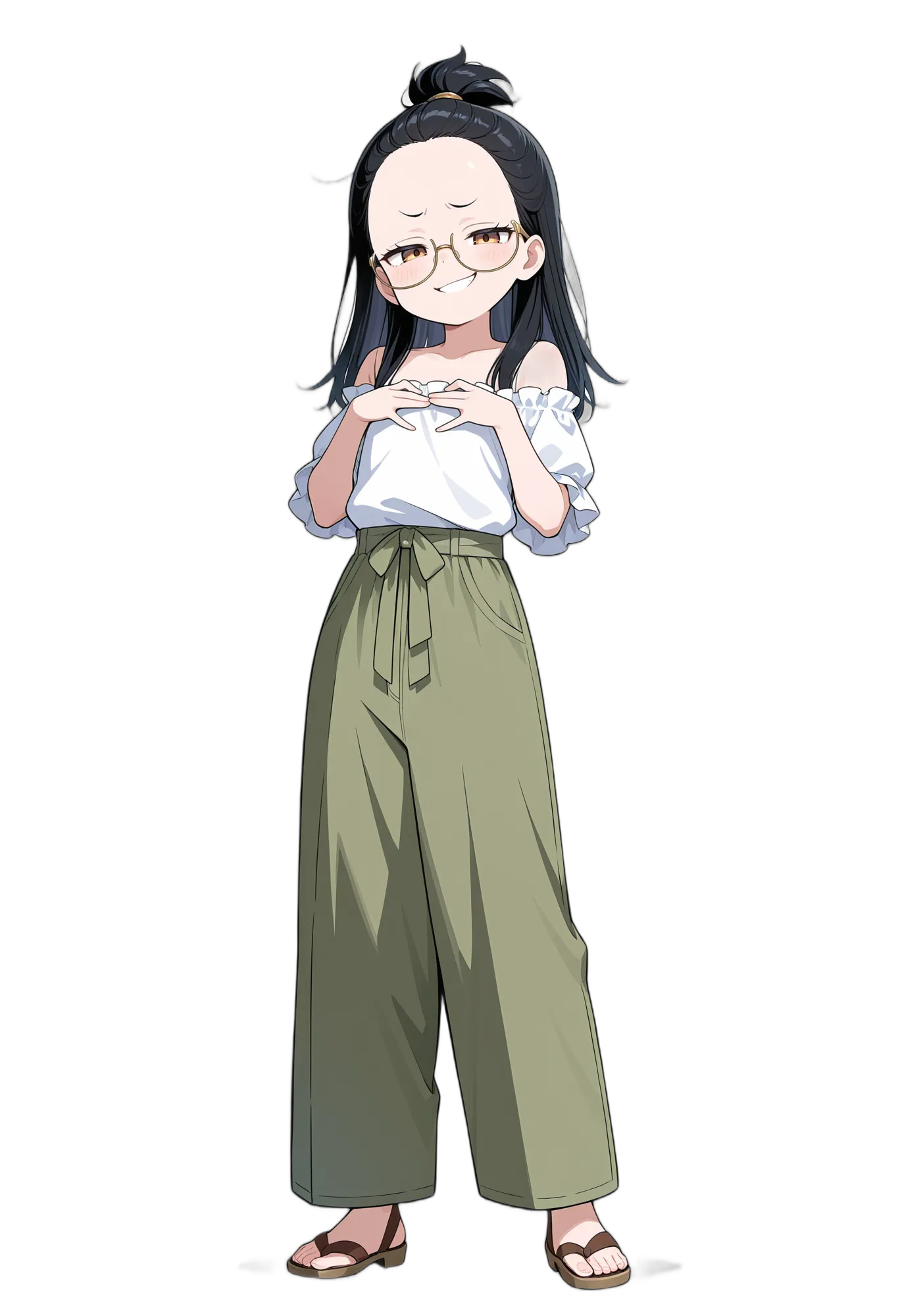 アニメイラスト-カジュアル-サンダル-シャツ-ポニーテール-女性-AI人物素材
