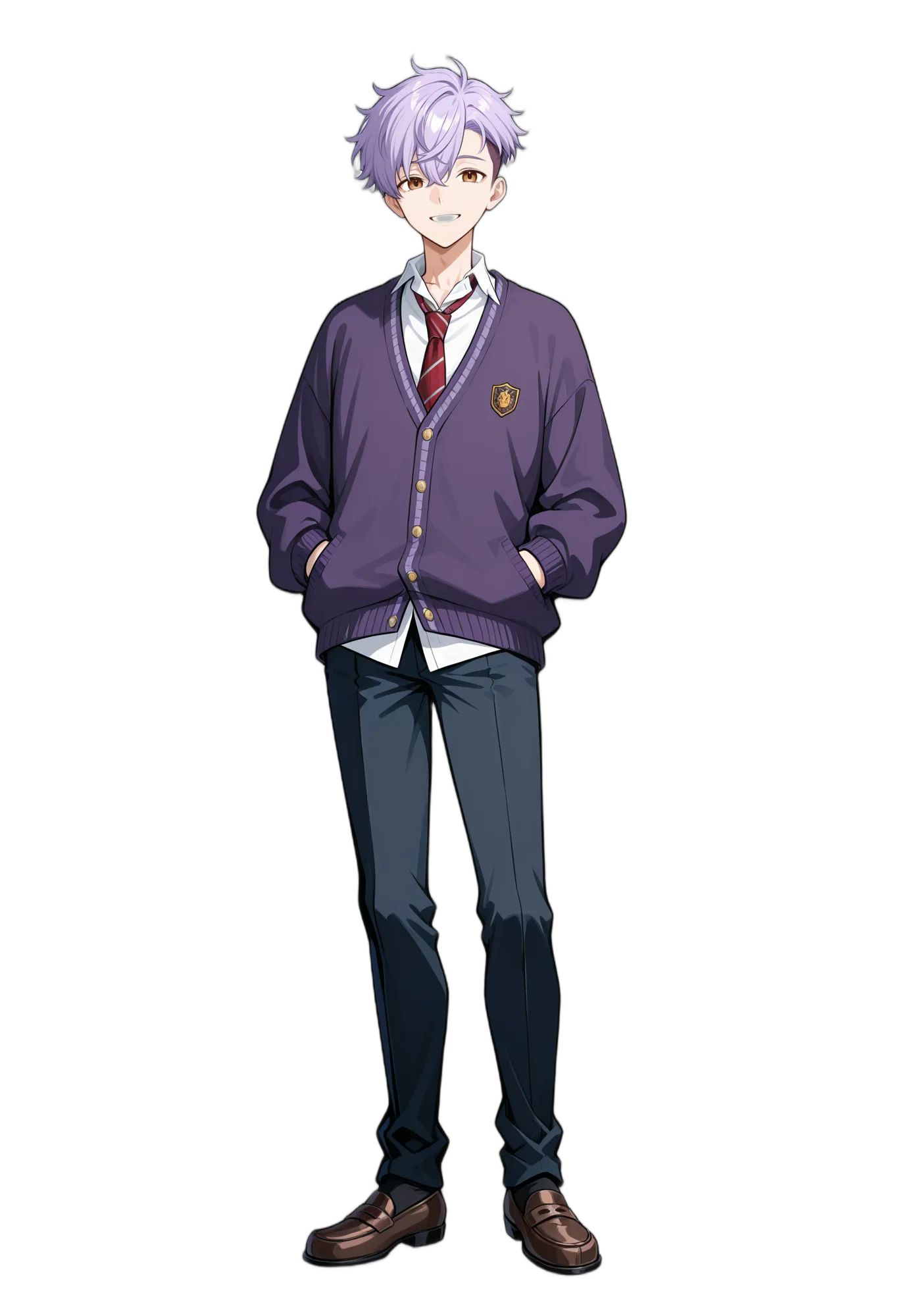 アニメイラスト-学生-制服-紫髪-ネクタイ-男性-AI人物素材