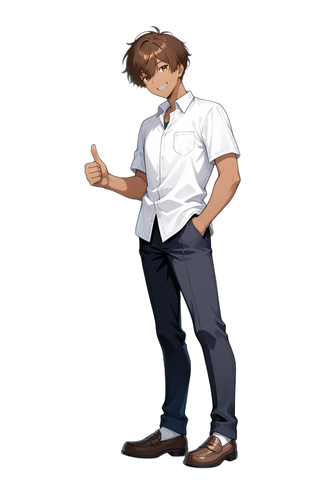 アニメイラスト-男子高校生-制服-ズボン-半袖-白シャツ-AI人物素材
