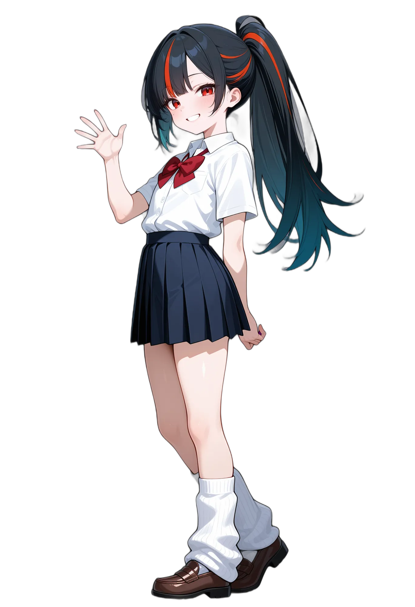 アニメイラスト-女子高校生-制服-蝶ネクタイ-黒髪-半袖-AI人物素材