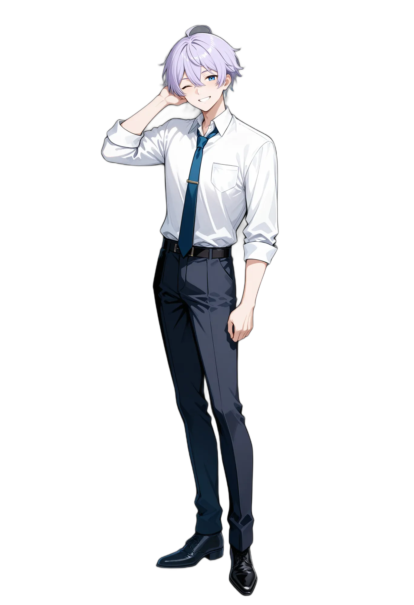 アニメイラスト-社会人-シャツ-紫髪-黒いズボン-男性-AI人物素材