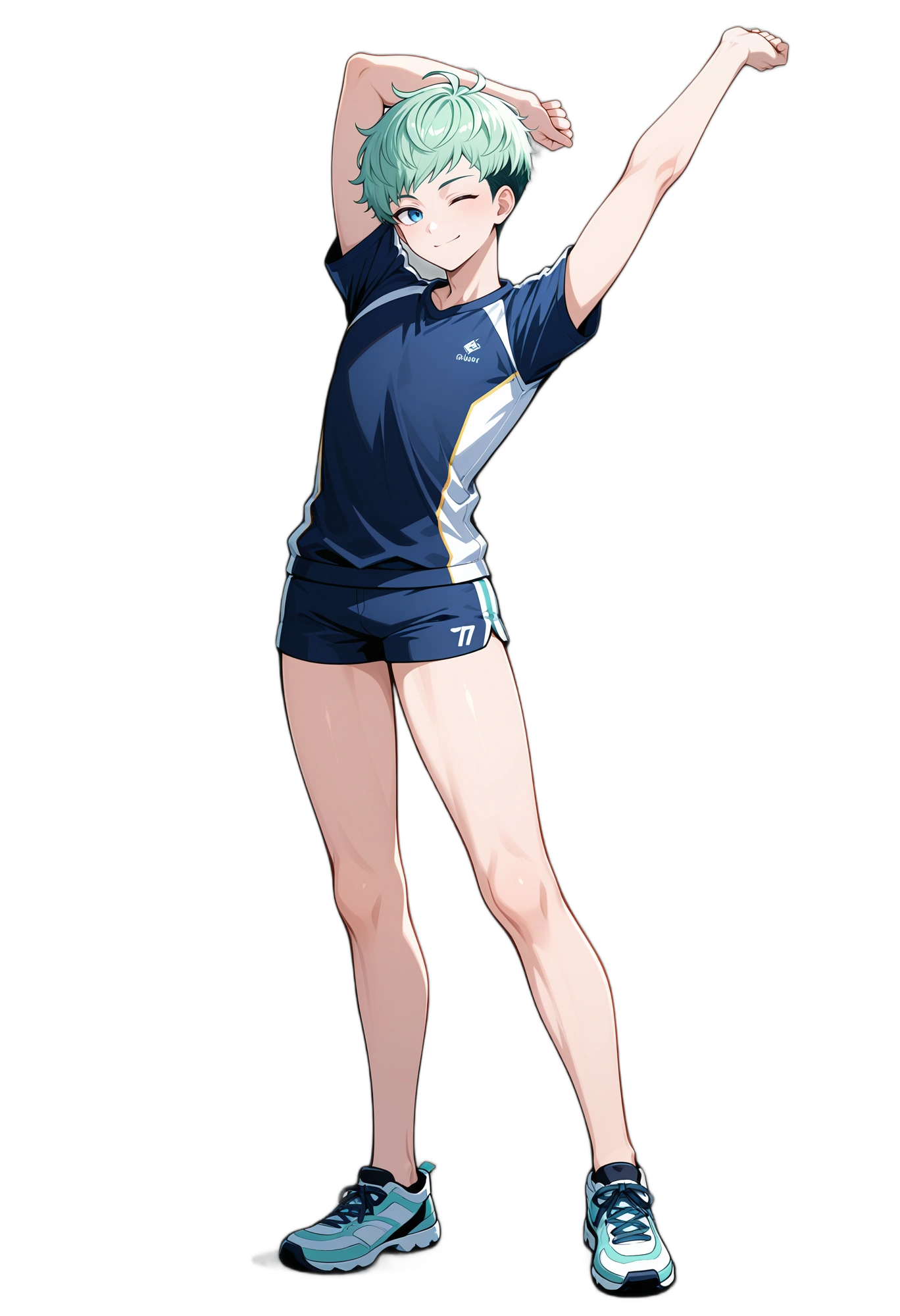anime-shorts-greenhair-shortsleeves-woman