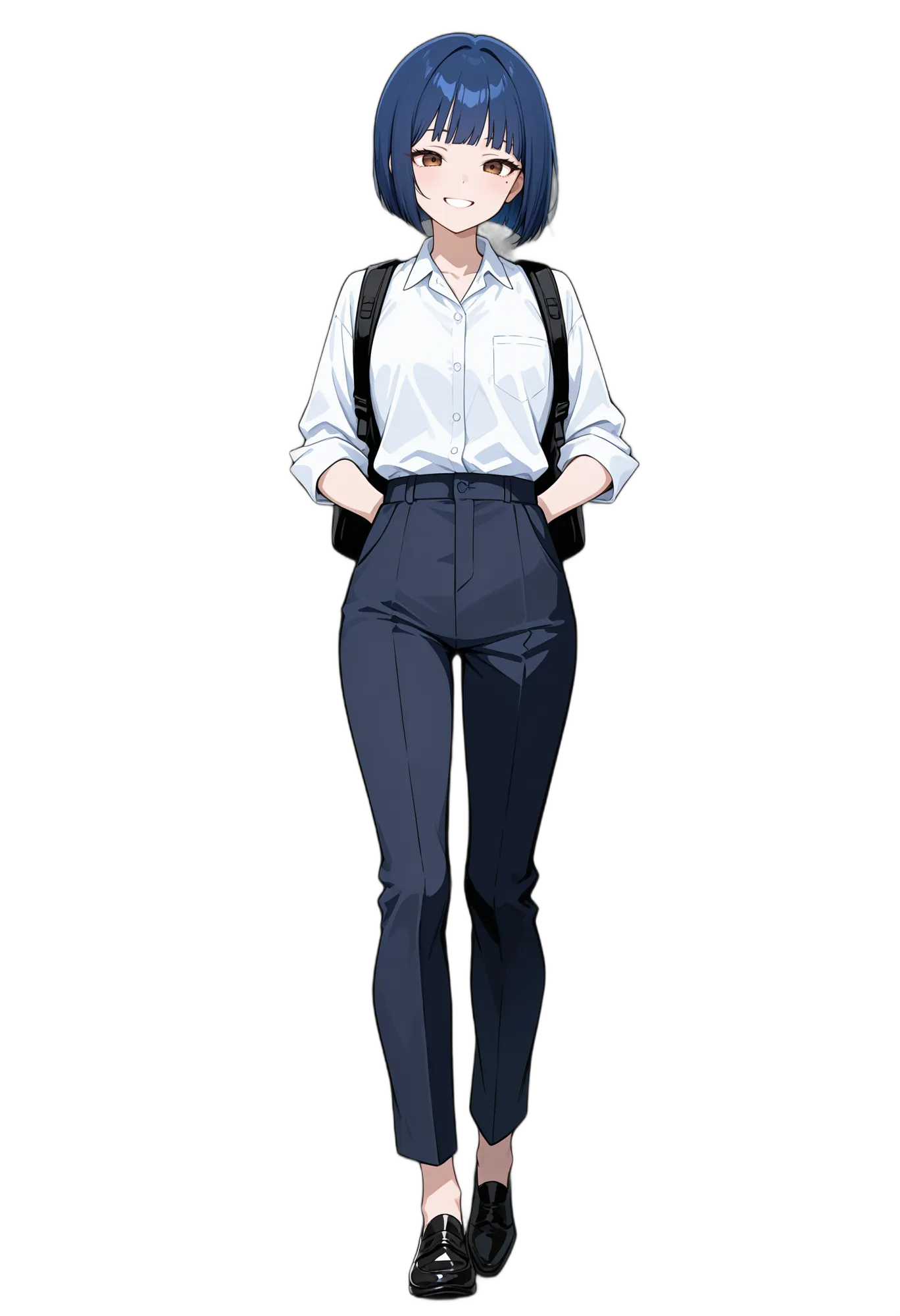 アニメイラスト-社会人-笑顔-シャツイン-ワイシャツ-女性-AI人物素材