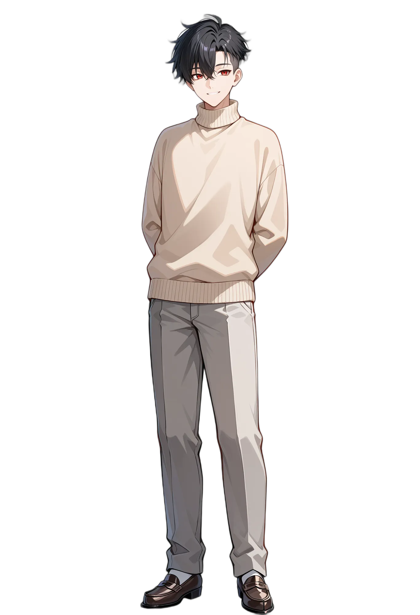 アニメイラスト-カジュアル-セーター-長袖-レッドアイ-男性-AI人物素材