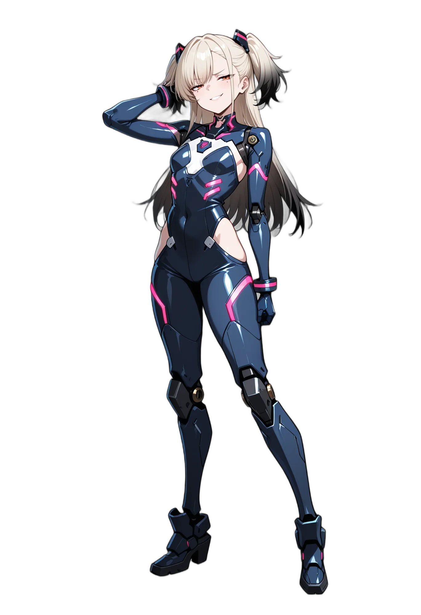 アニメイラスト-機械-ツーサイドアップ-ロングヘア-黒髪-女性-AI人物素材