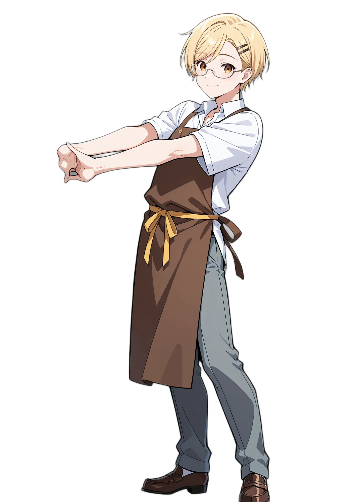 アニメイラスト-カジュアル-エプロン-金髪-ズボン-男性-AI人物素材