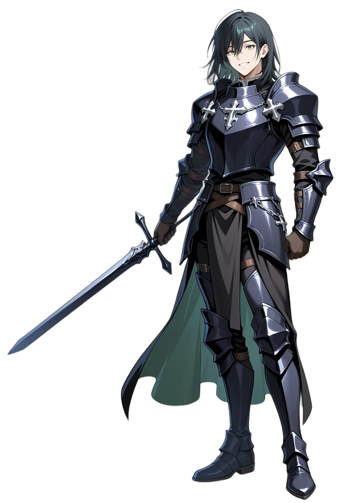 アニメイラスト-ファンタジー-鎧-剣-笑顔-男性-AI人物素材
