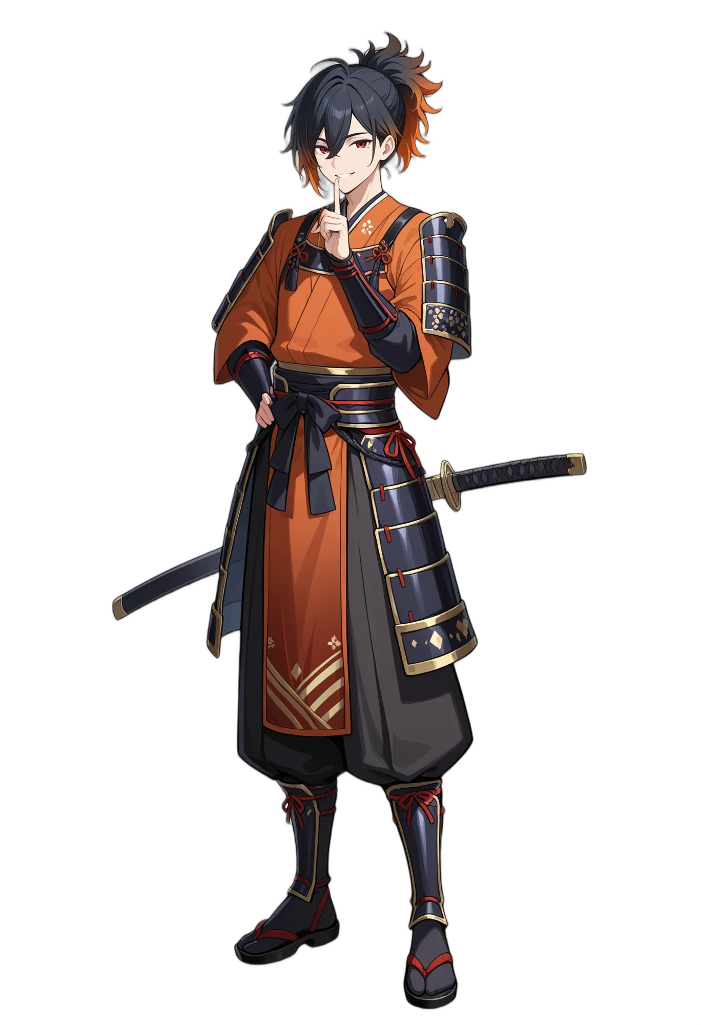 アニメイラスト-異世界-鎧-オレンジ髪-黒いズボン-男性-AI人物素材