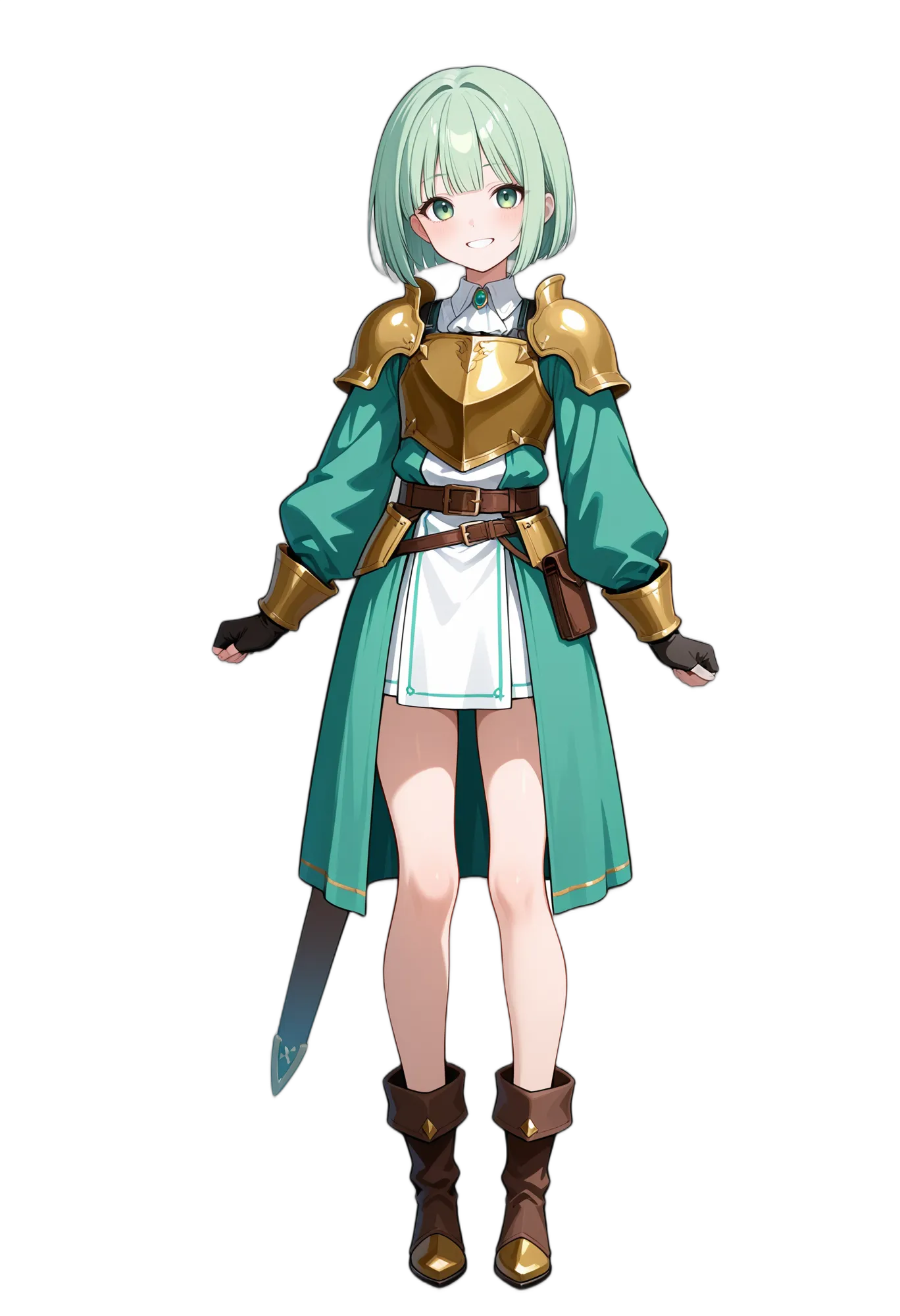 アニメイラスト-ファンタジー-鎧-笑顔-緑髪-女性-AI人物素材