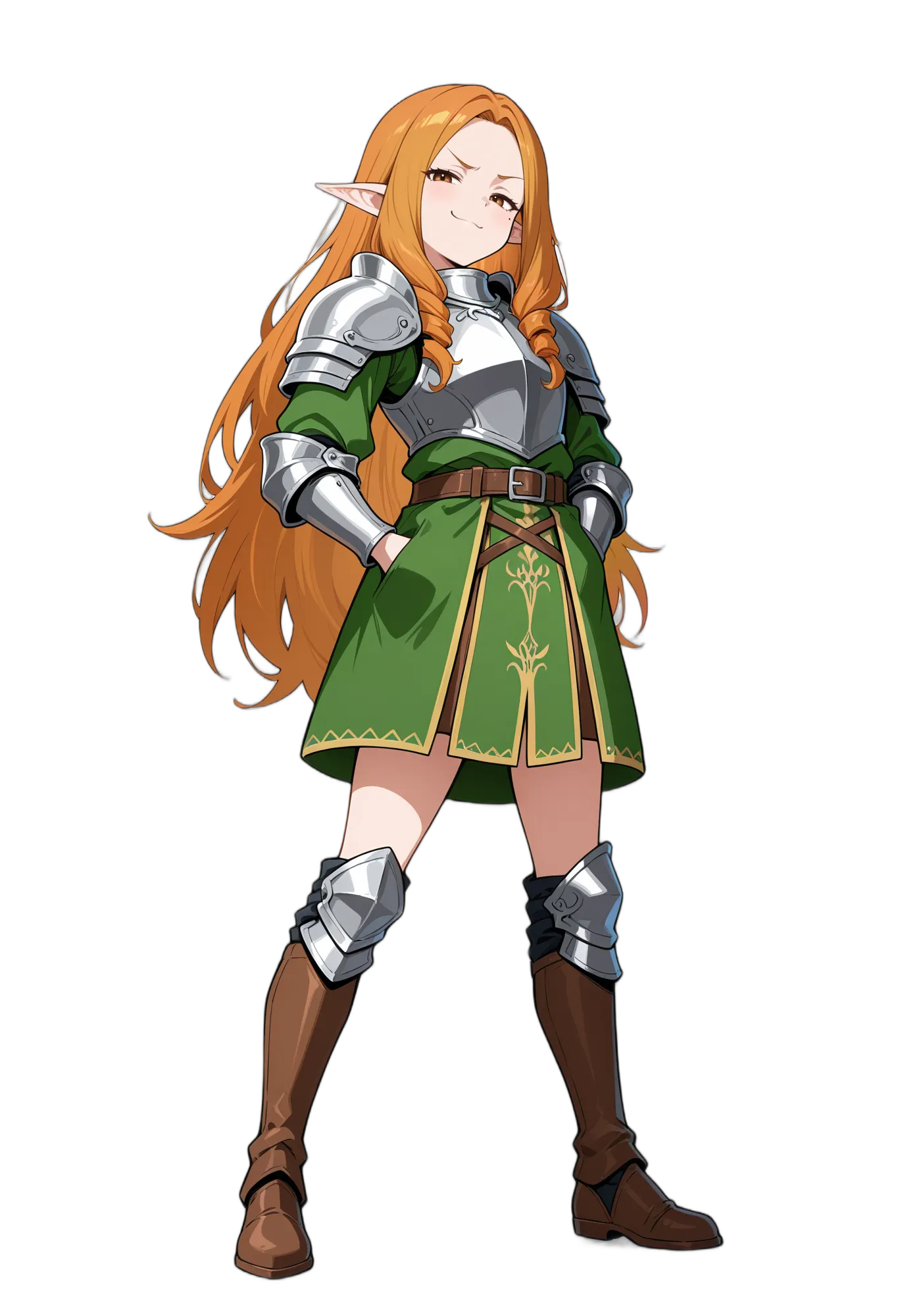 アニメイラスト-RPG-鎧-ドレス-ポケットに手-女性-AI人物素材