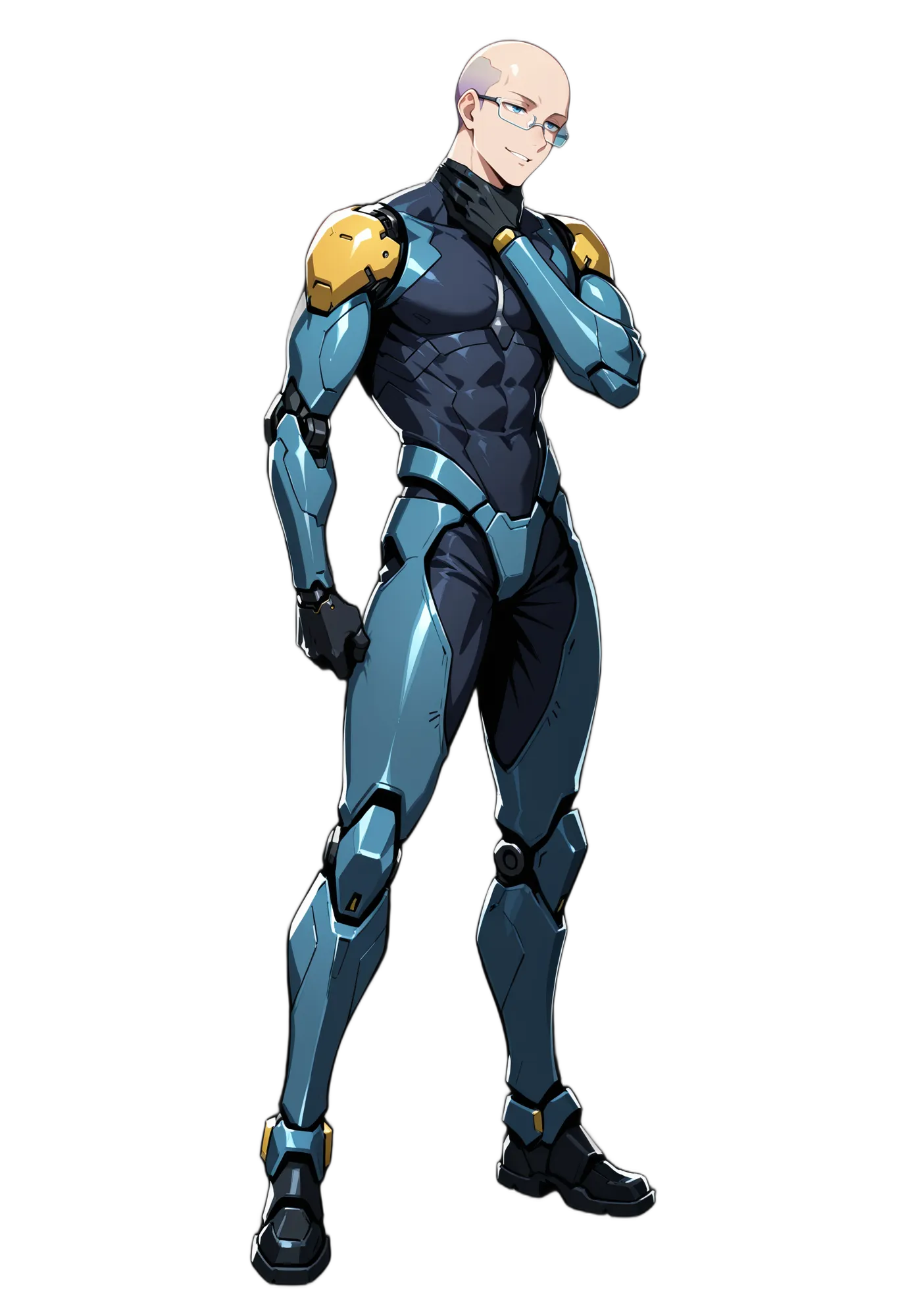 アニメイラスト-SF-ハゲ-ボディスーツ-笑顔-男性-AI人物素材