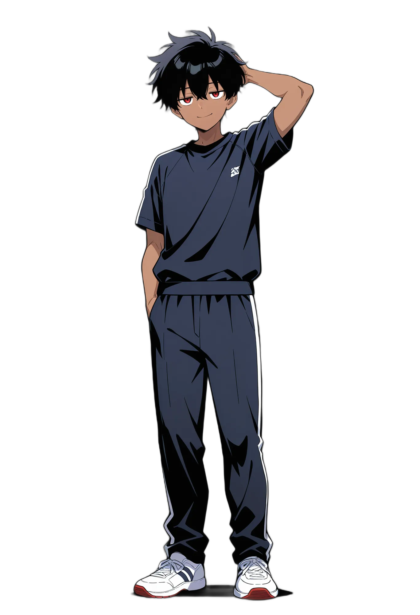 アニメイラスト-男子高校生-黒いズボン-ポケットに手-日焼け-褐色の肌-AI人物素材