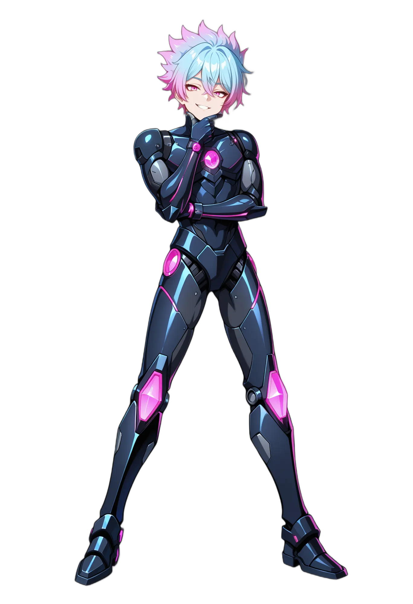 アニメイラスト-機械-青髪-マルチカラーヘア-ピンク髪-男性-AI人物素材