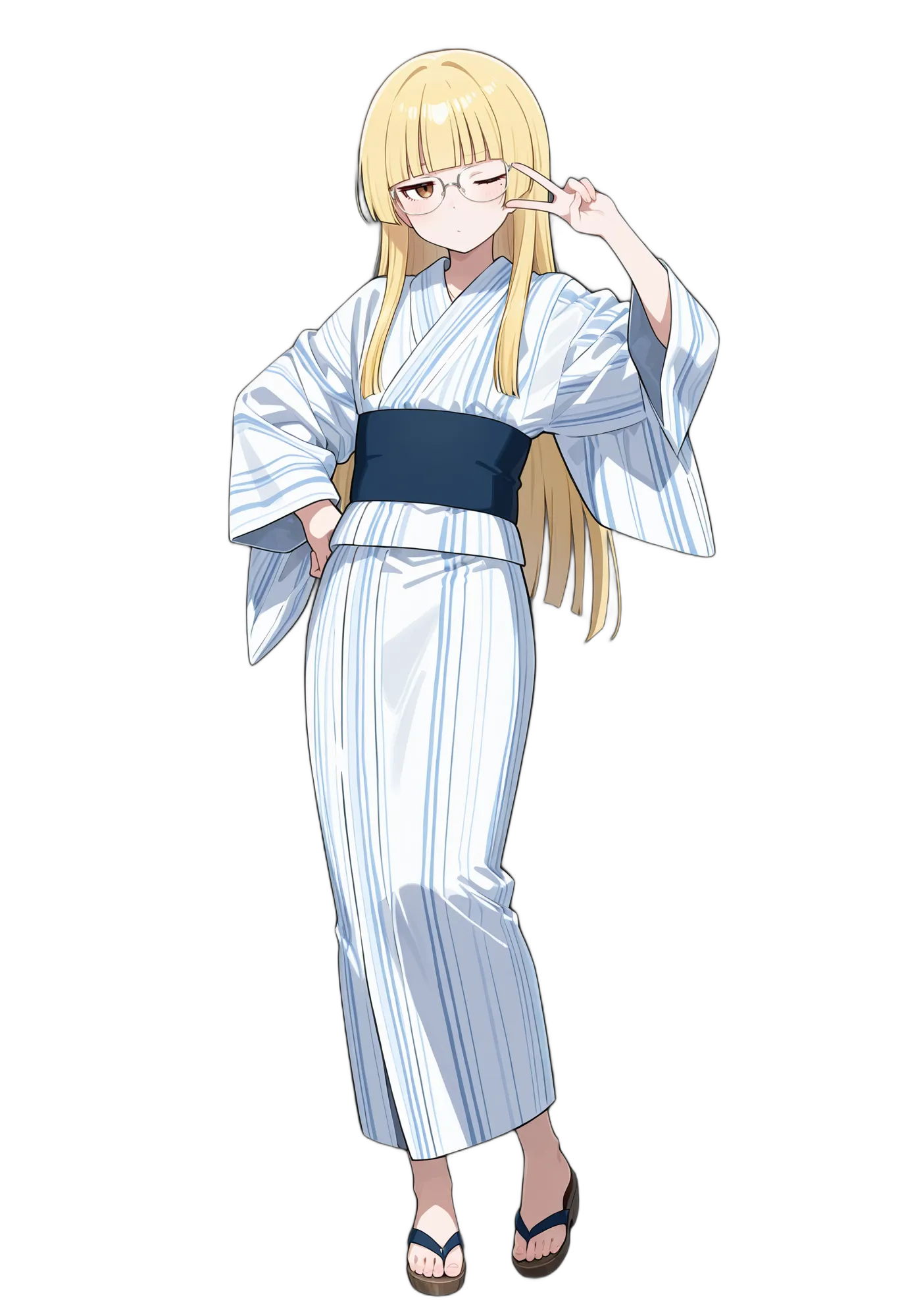 アニメイラスト-着物-ぱっつん-和服-ロングヘア-女性-AI人物素材
