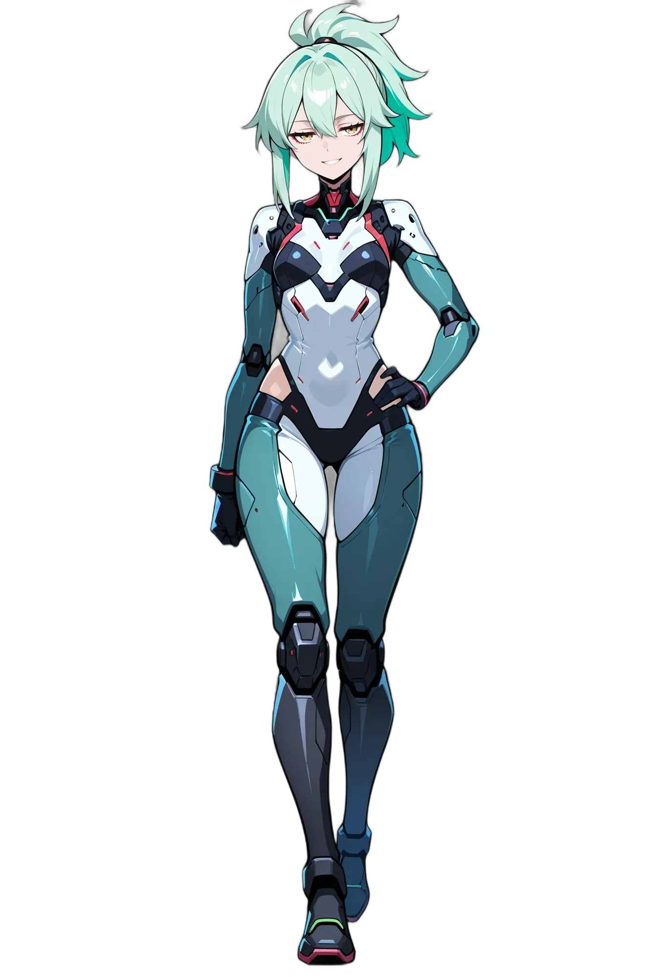 アニメイラスト-機械-ボディスーツ-緑髪-イエローアイ-女性-AI人物素材