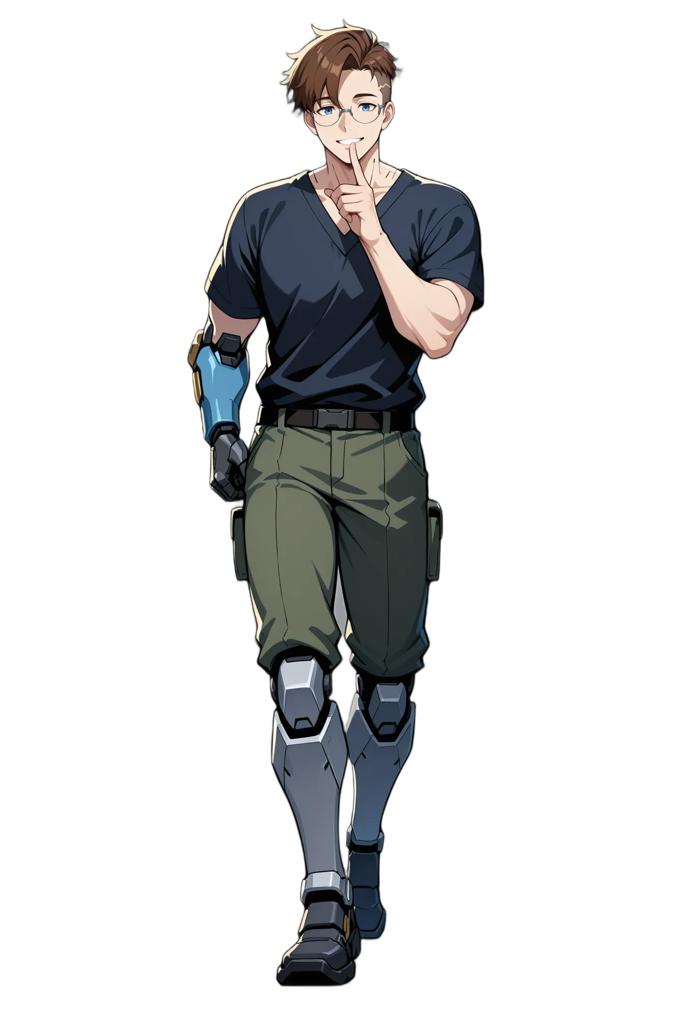 アニメイラスト-機械-ブーツ-Tシャツ-茶髪-男性-AI人物素材