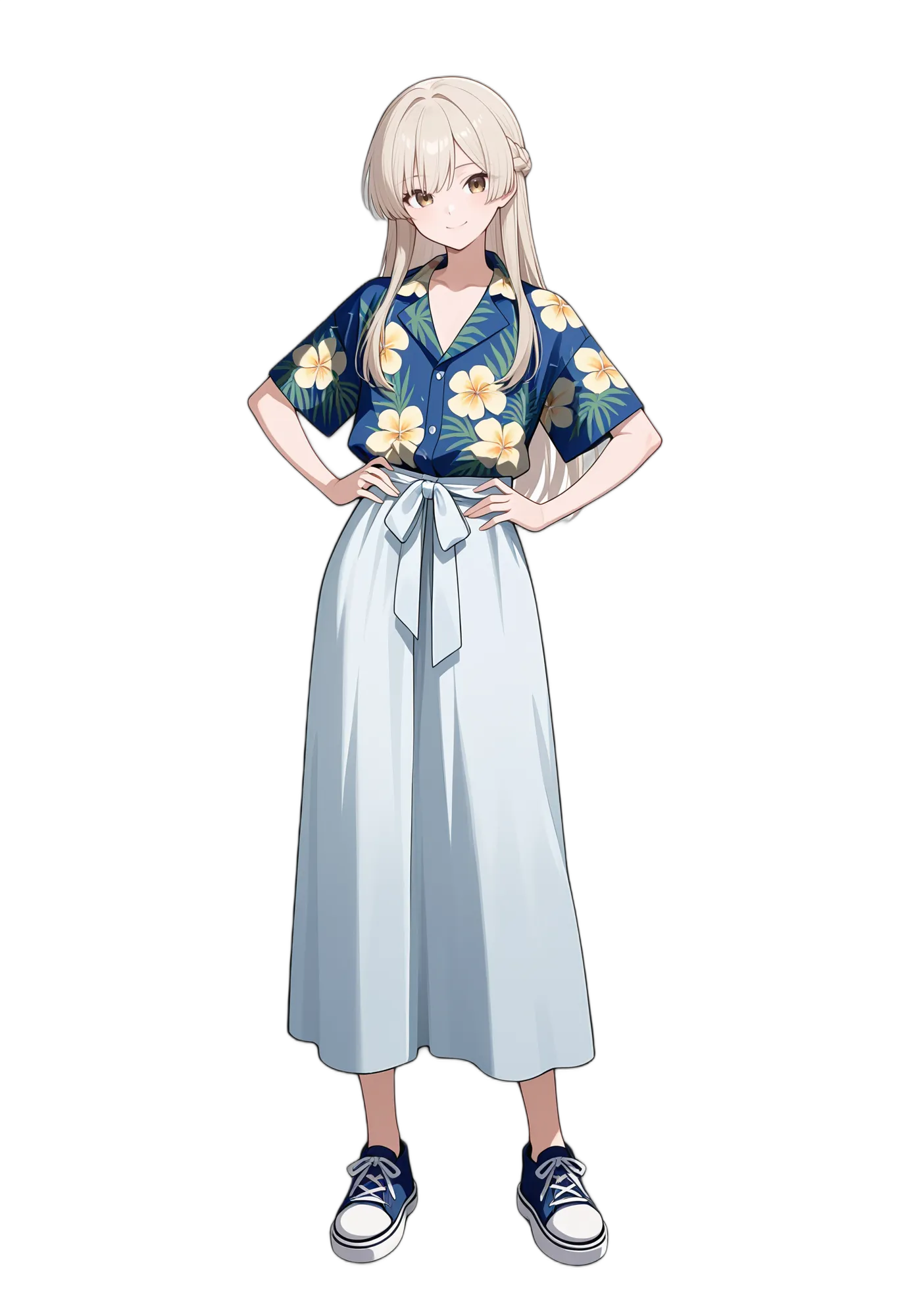 アニメイラスト-私服-ブラウンアイ-スニーカー-カッターシャツ-女性-AI人物素材