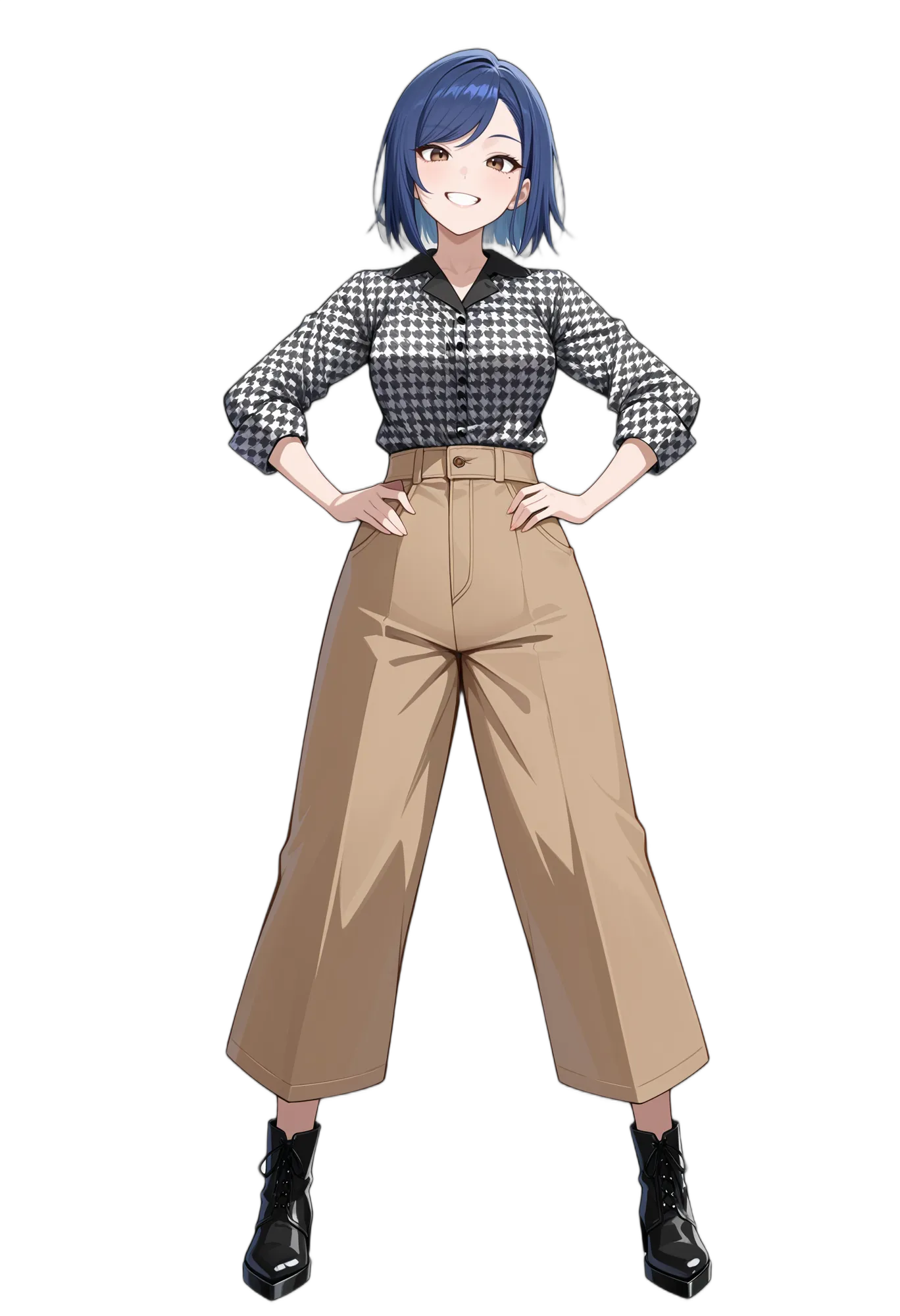 アニメイラスト-カジュアル-ブラウンアイ-青髪-長袖-女性-AI人物素材